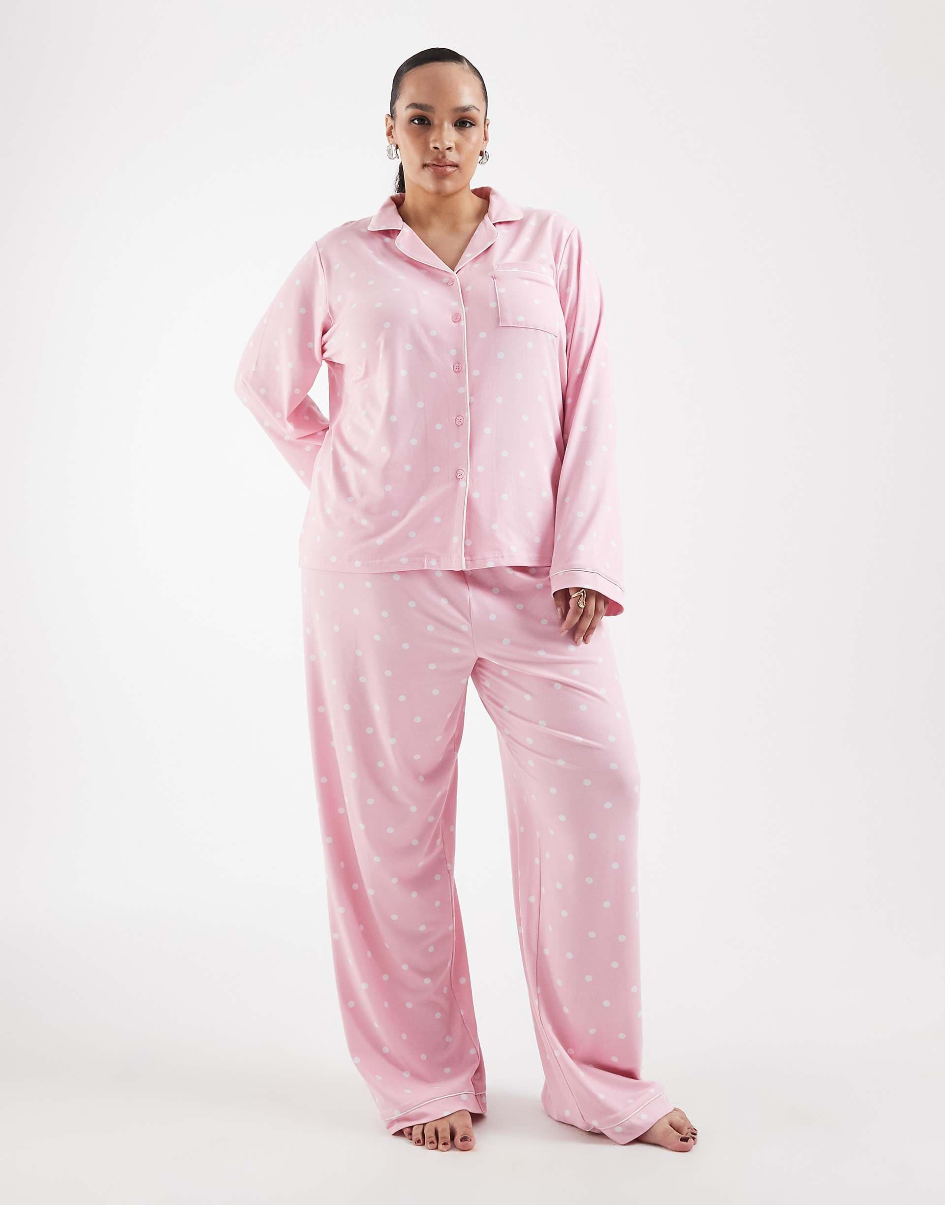 Loungeable Curve super soft jersey revere top and pants pajama set in pink polka dot