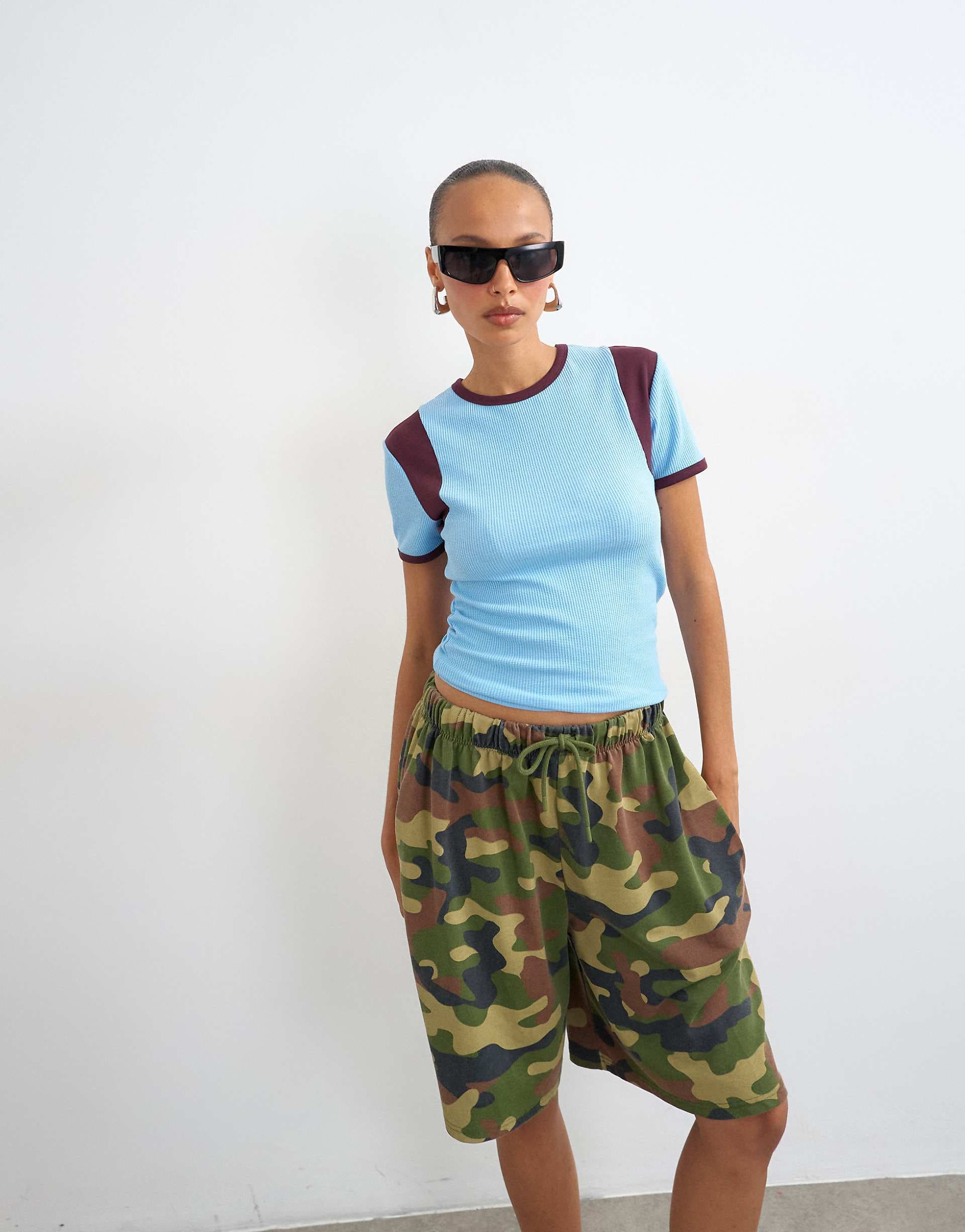 Topshop waffle color block tee in blue