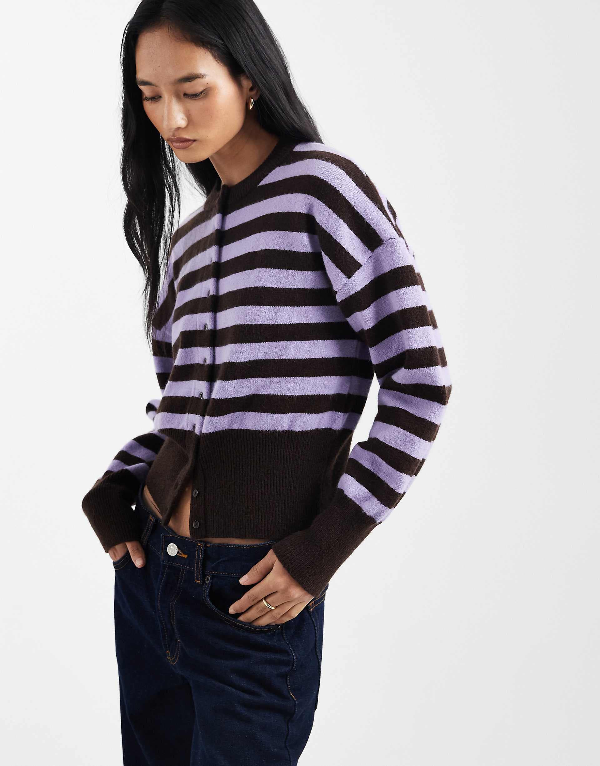Daisy Street fitted waist cardigan in lilac brown stripes