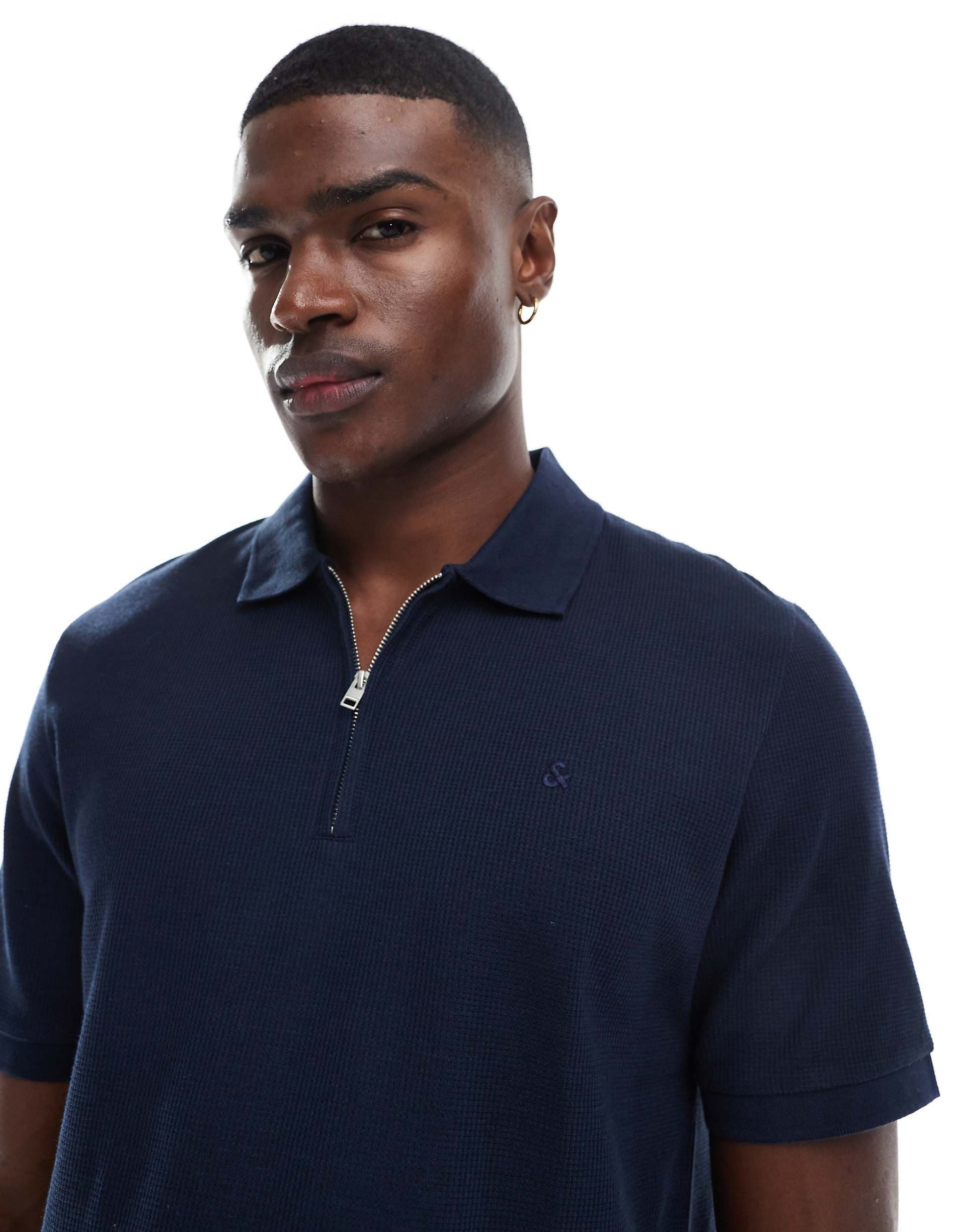 Jack & Jones zip polo shirt in navy