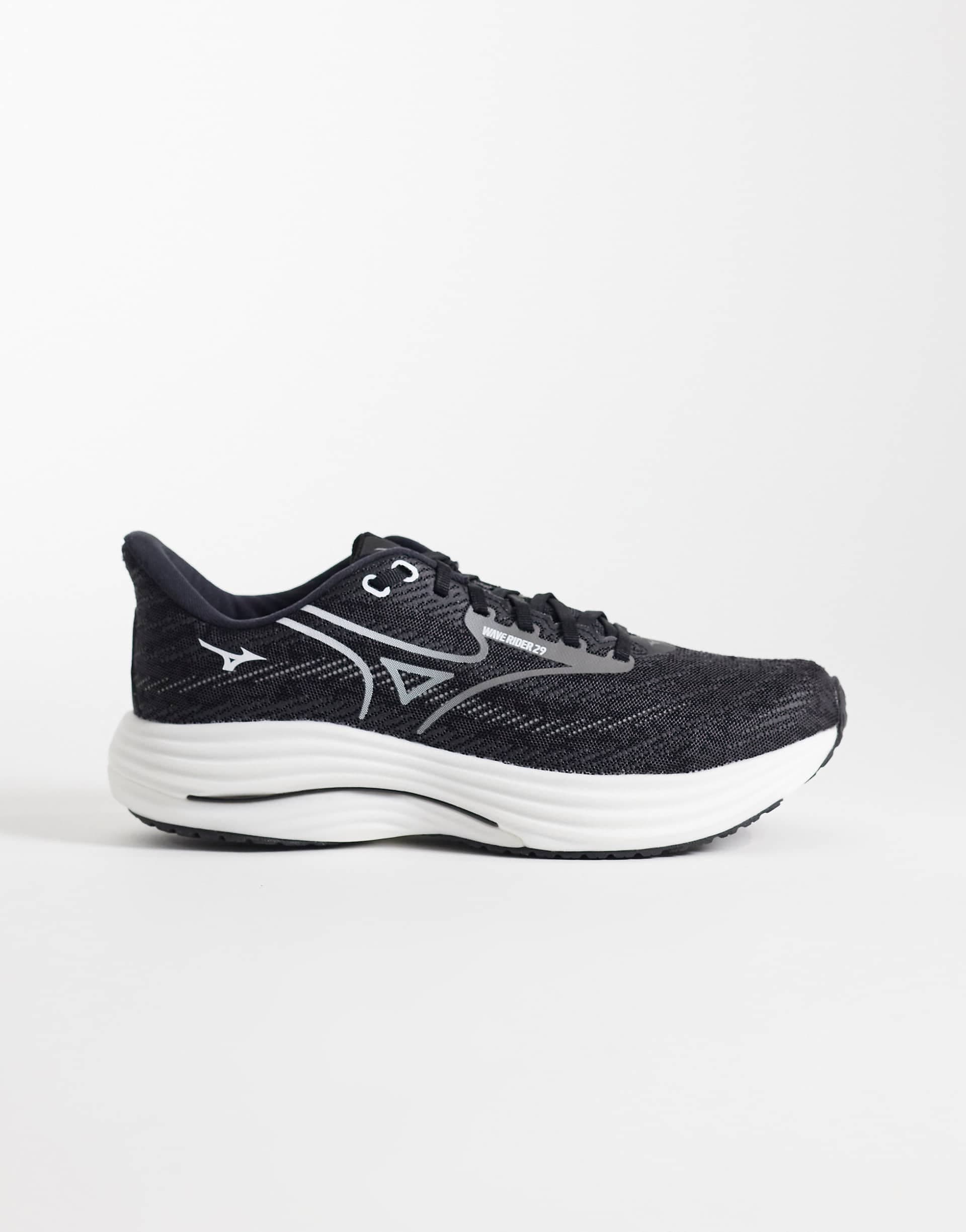 Mizuno Wave Rider 29 running sneakers in black and white