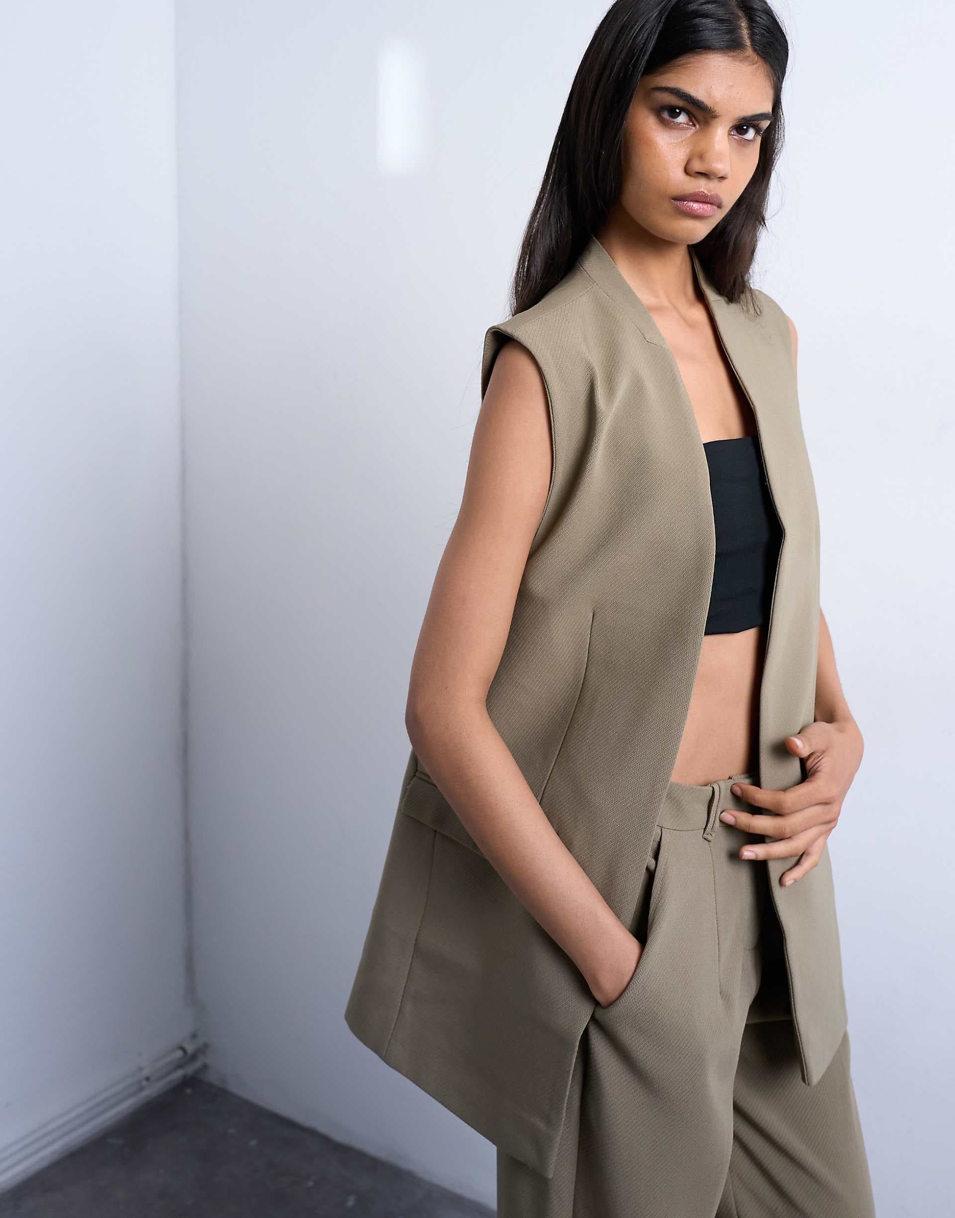 Topshop throw-on sleeveless blazer in mushroom - part of a set