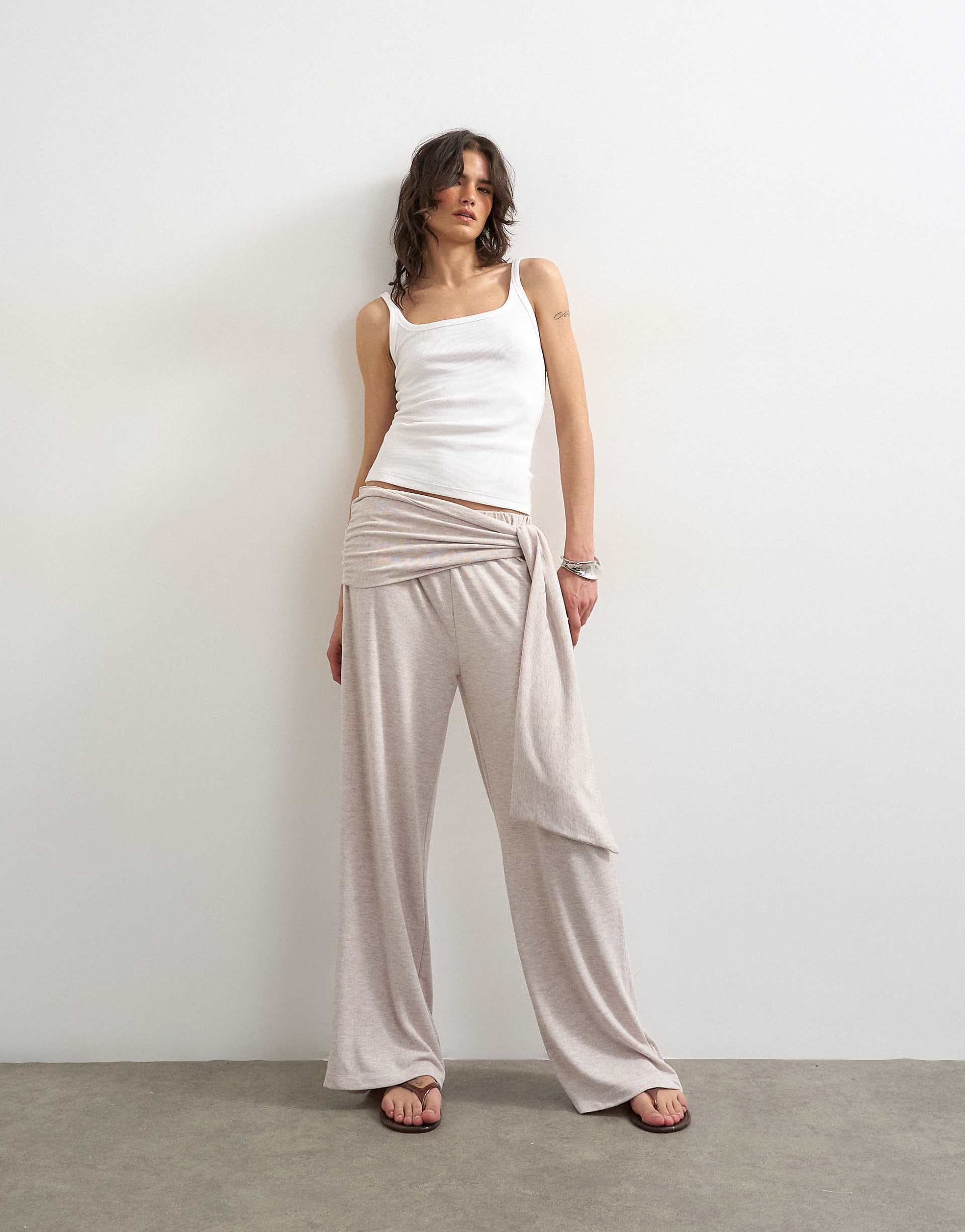 Topshop scarf tie detail soft pants in oat