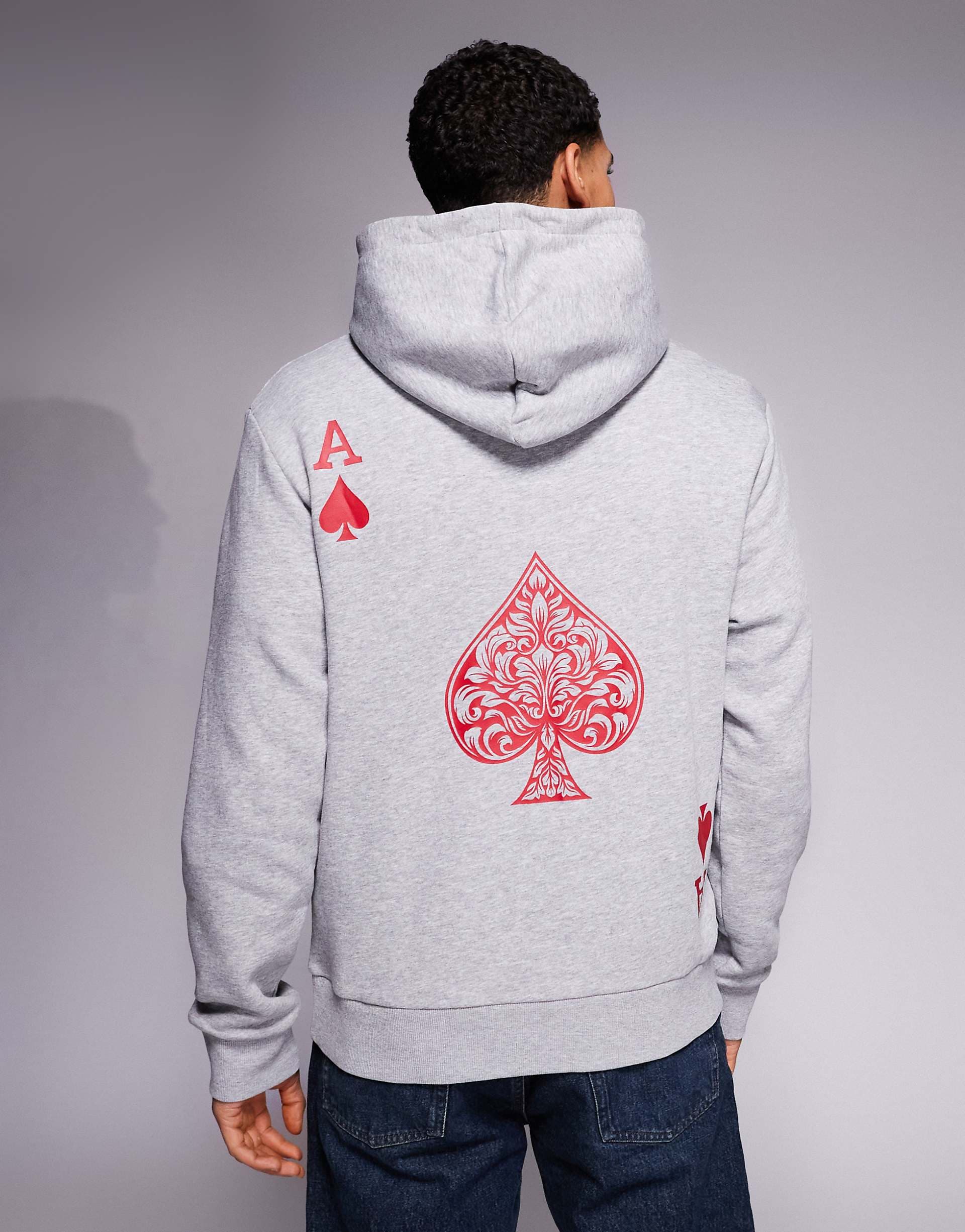 ADPT oversized hoodie with ace of hearts back and chest prints in light gray