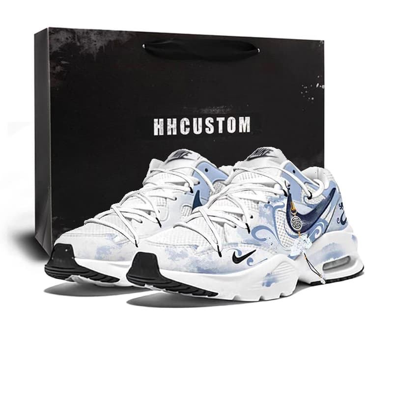 Custom Sneakers Nike Air Max Fusion Chinese Style Ink Wash Trendy Versatile Cloud Pattern Fabric Cushion Anti-Slip Wear-Resistant Breathable Low-Top Running Shoes Women's Blue White