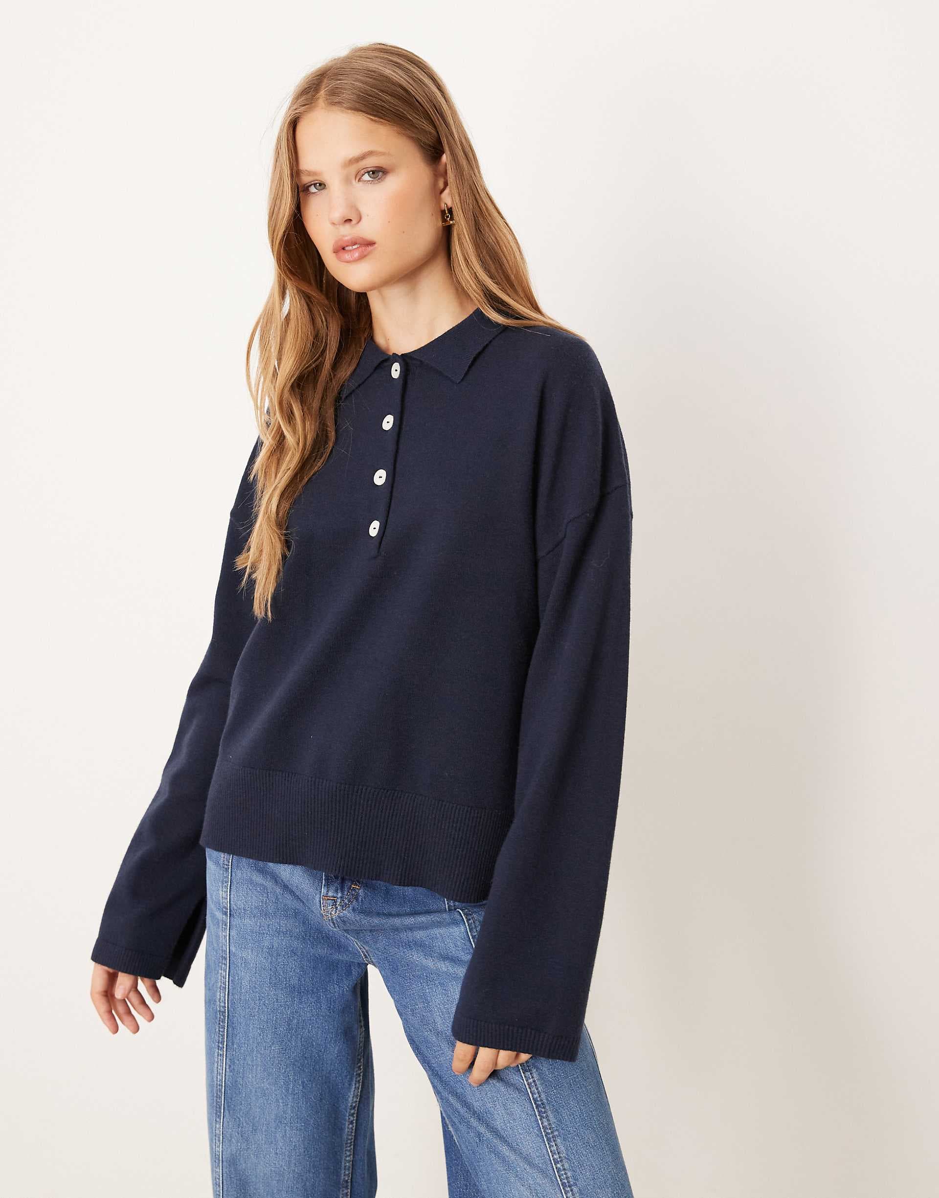 Gina Tricot long sleeve collared knit sweater in navy blue