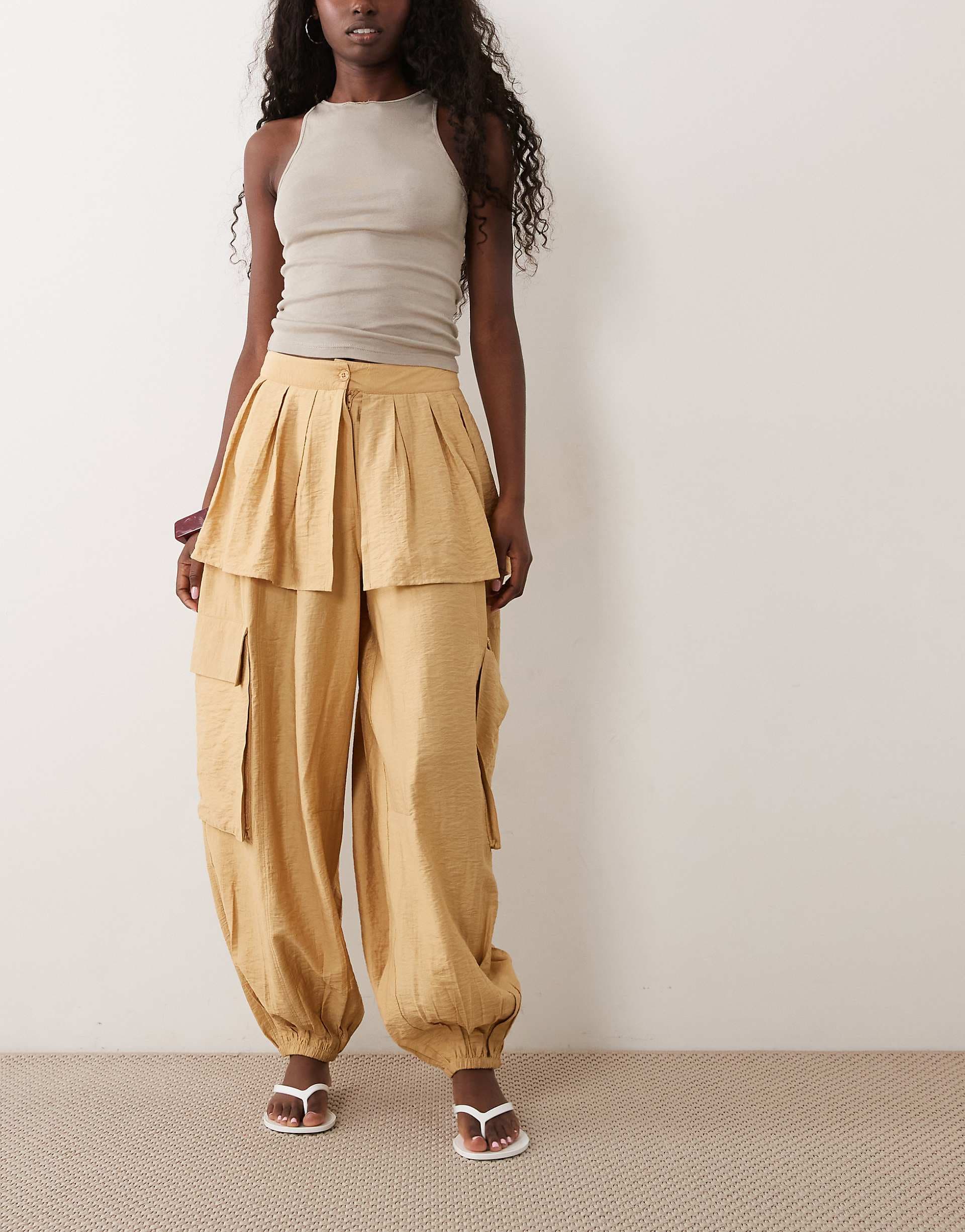 ASOS DESIGN balloon leg skirt detail pants in camel