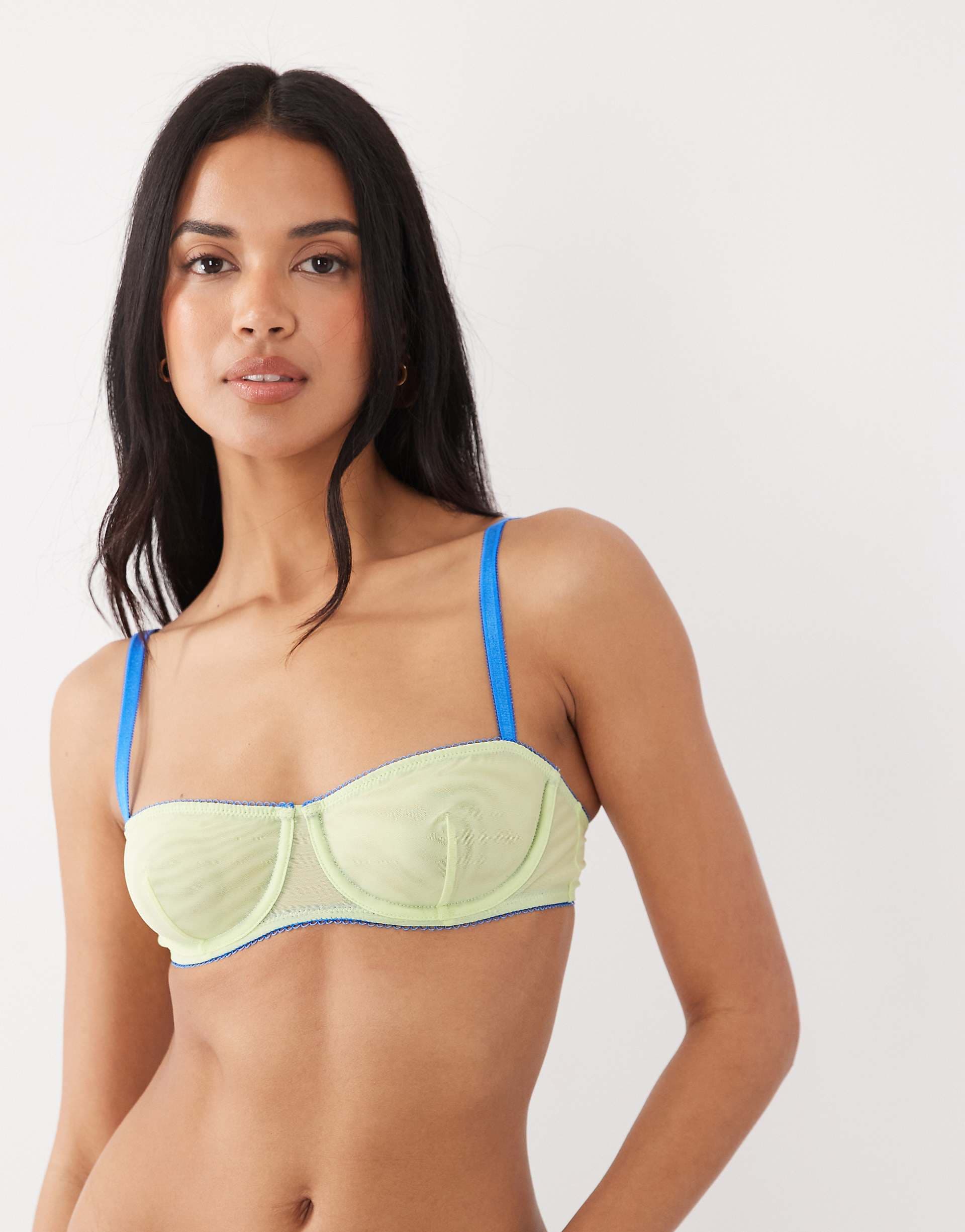 ASOS DESIGN Parker sheer mesh underwire balconette bra with contrast trim in lime & cobalt
