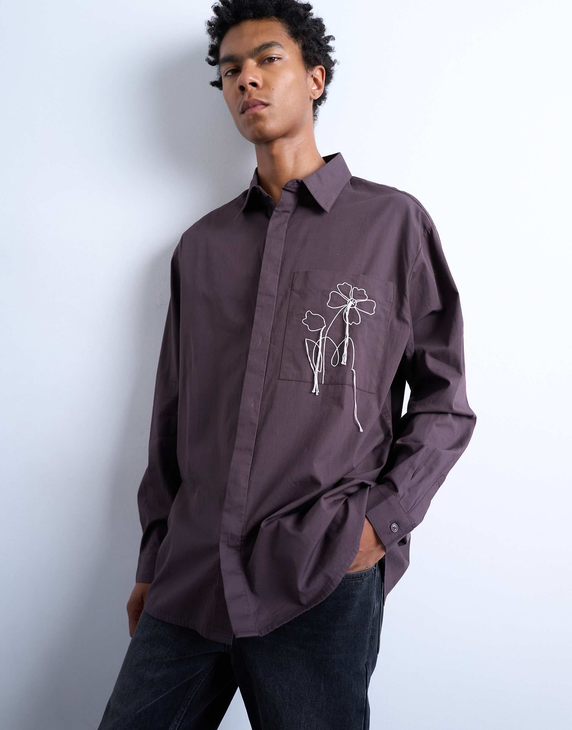 Topman oversized fit poplin shirt with floral embroidery in brown