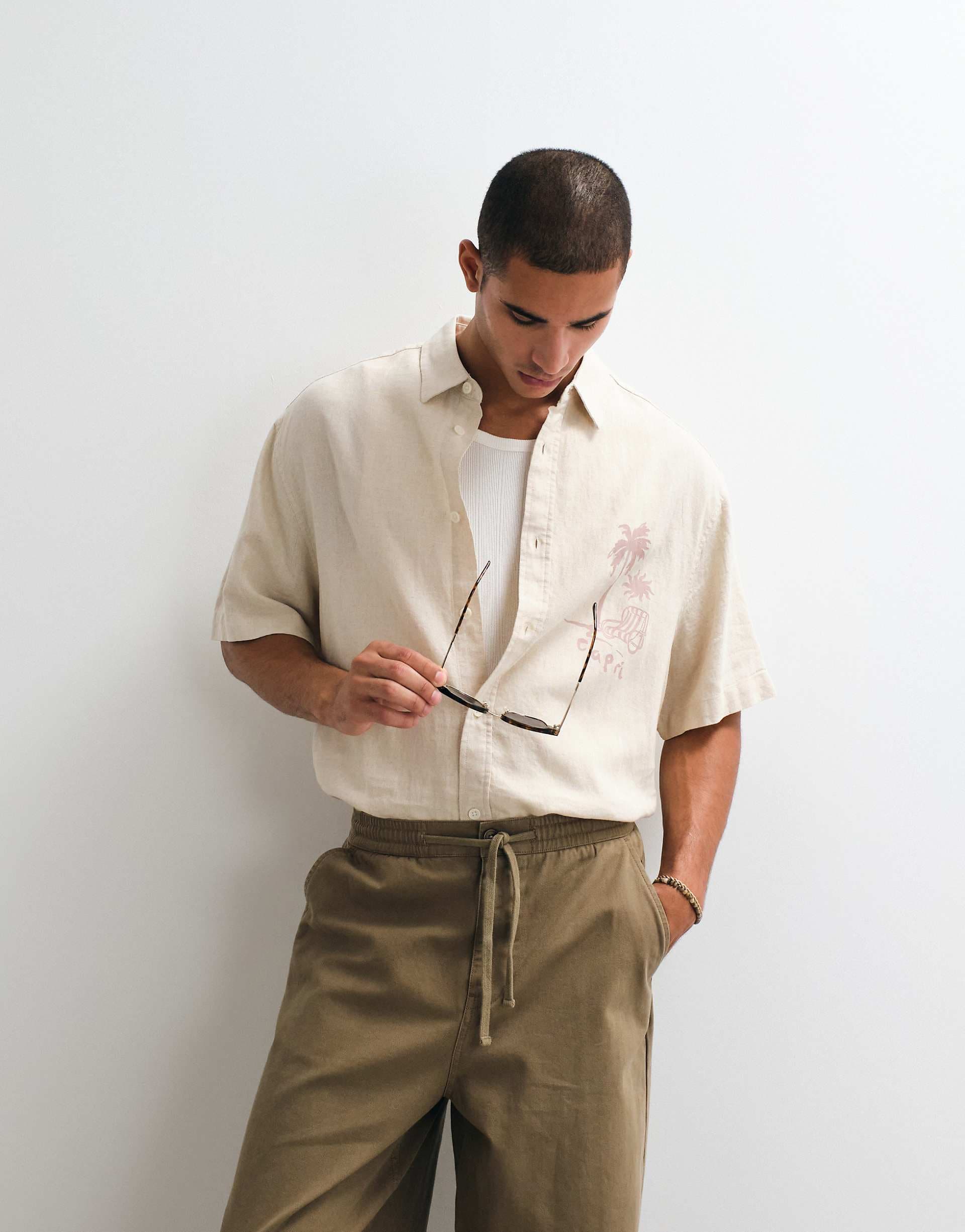 ASOS DESIGN boxy oversized linen blend shirt with placement print in beige