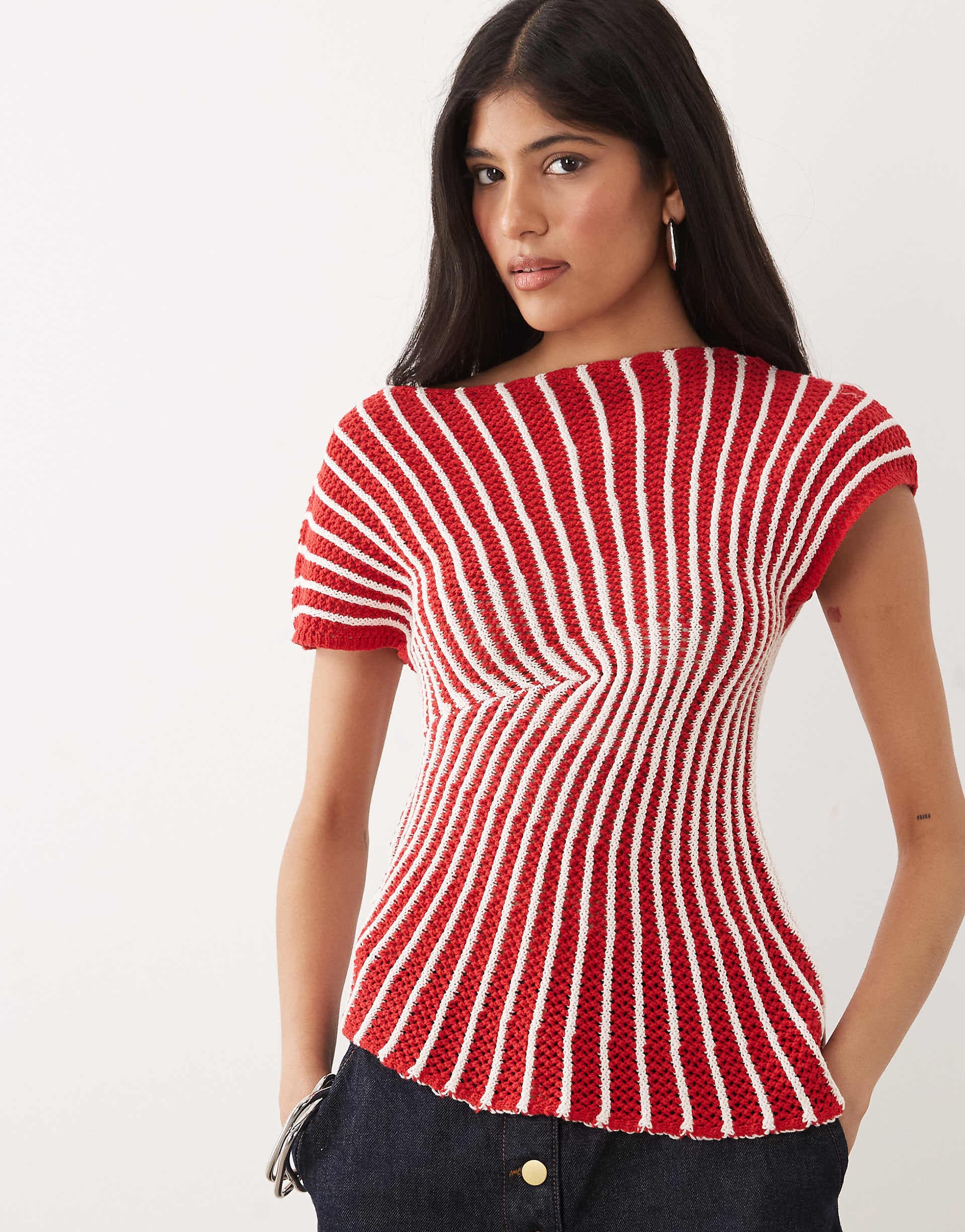 ASOS DESIGN crochet knit pleated top in red stripe