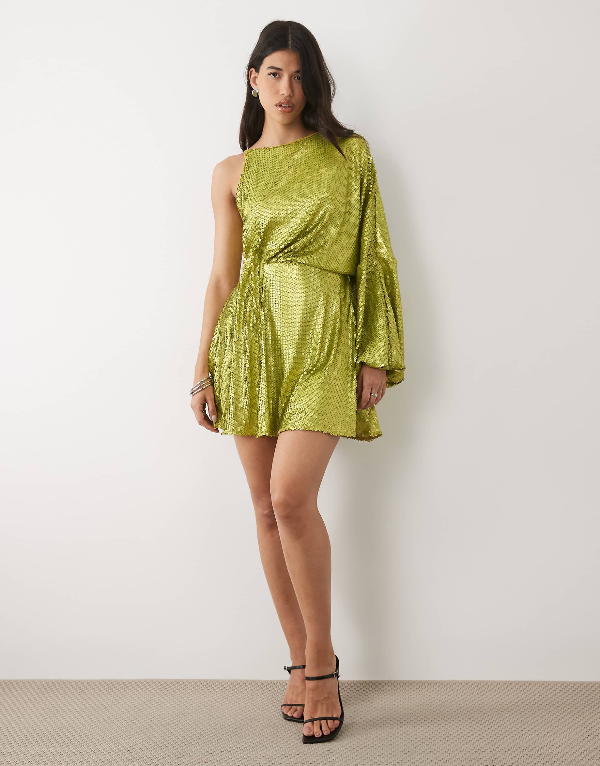 ASOS DESIGN sequined one sleeve draped mini dress in olive green