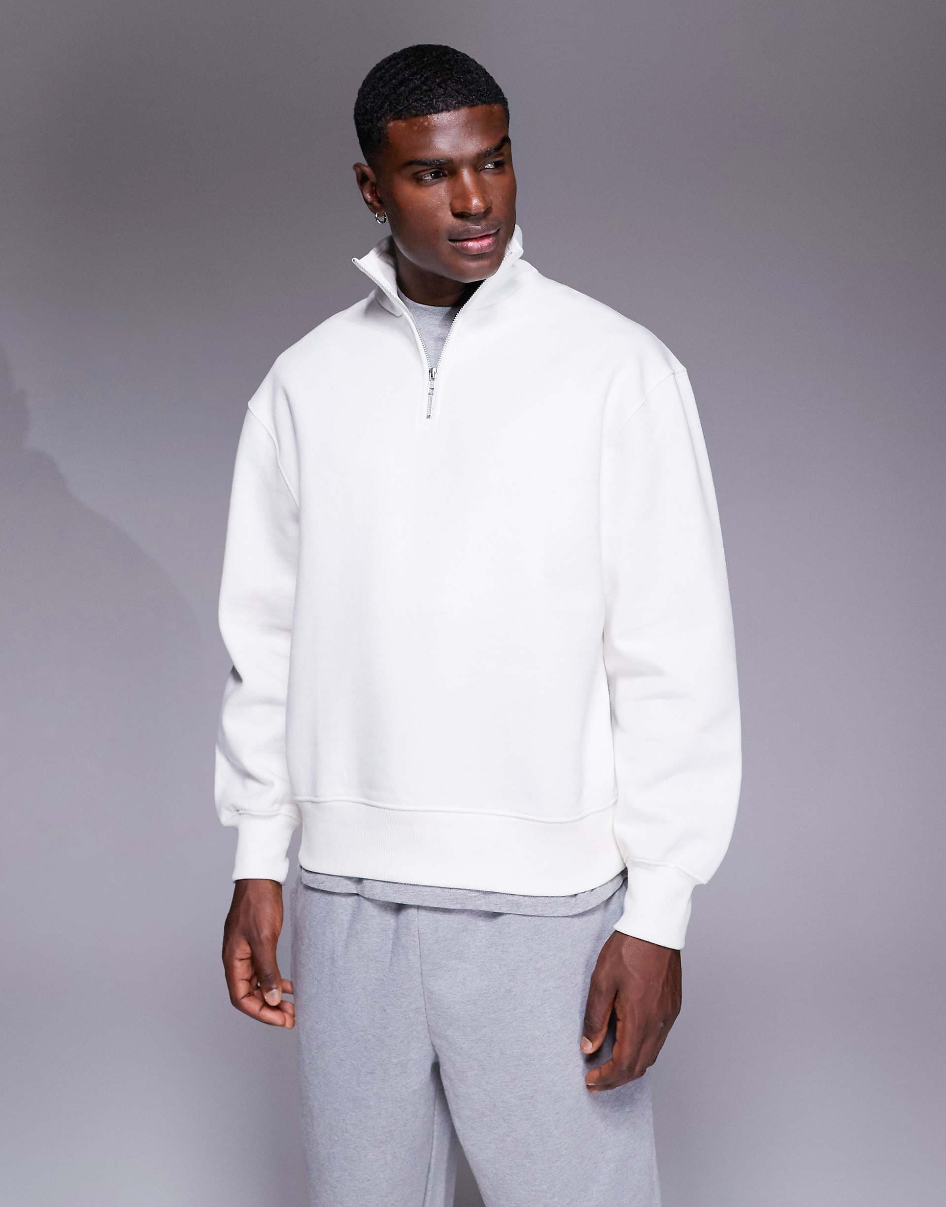 ASOS DESIGN premium heavyweight oversized quarter zip 400gsm sweatshirt in off white