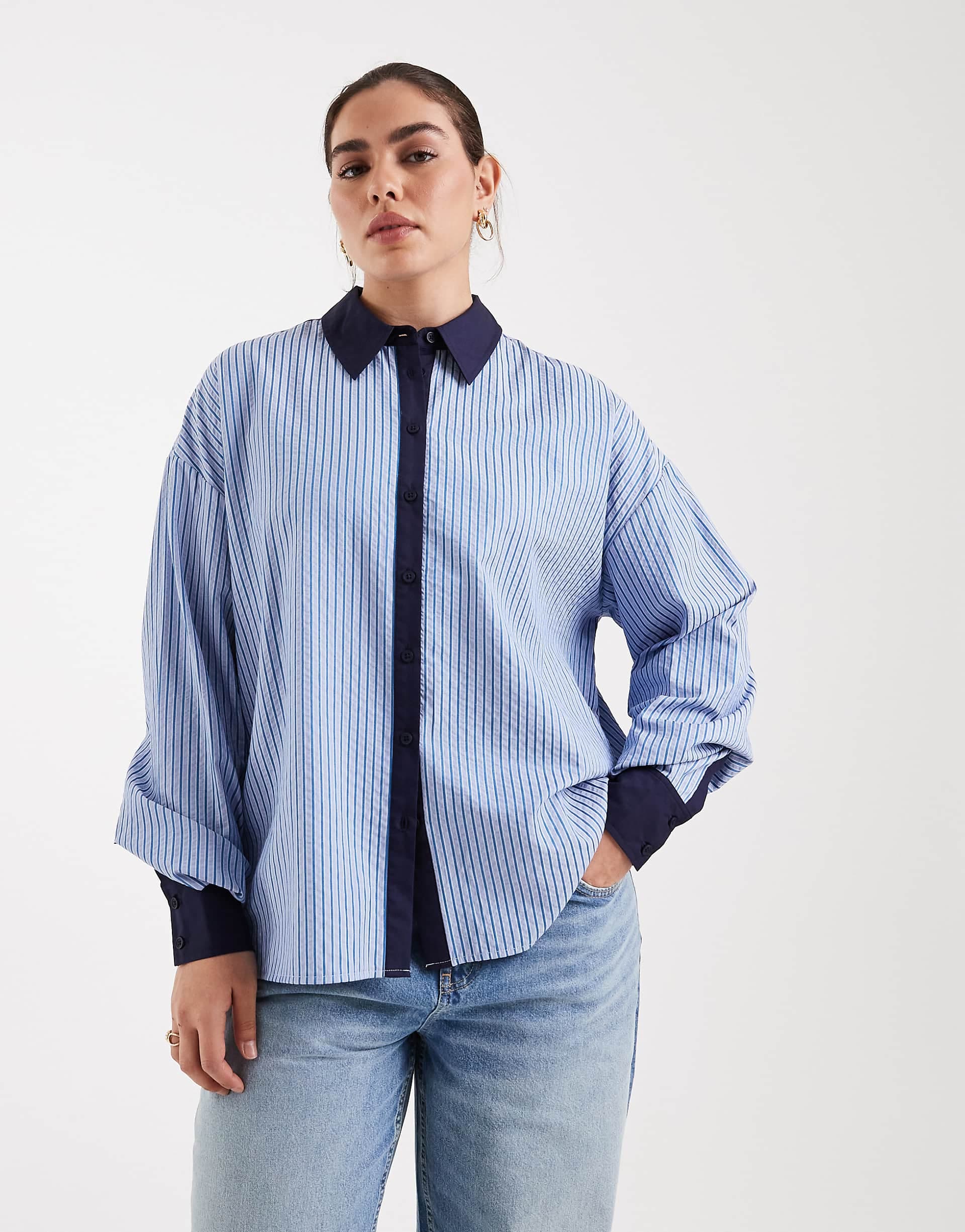 ASOS DESIGN Curve tipped contrast shirt in blue stripe - part of a set