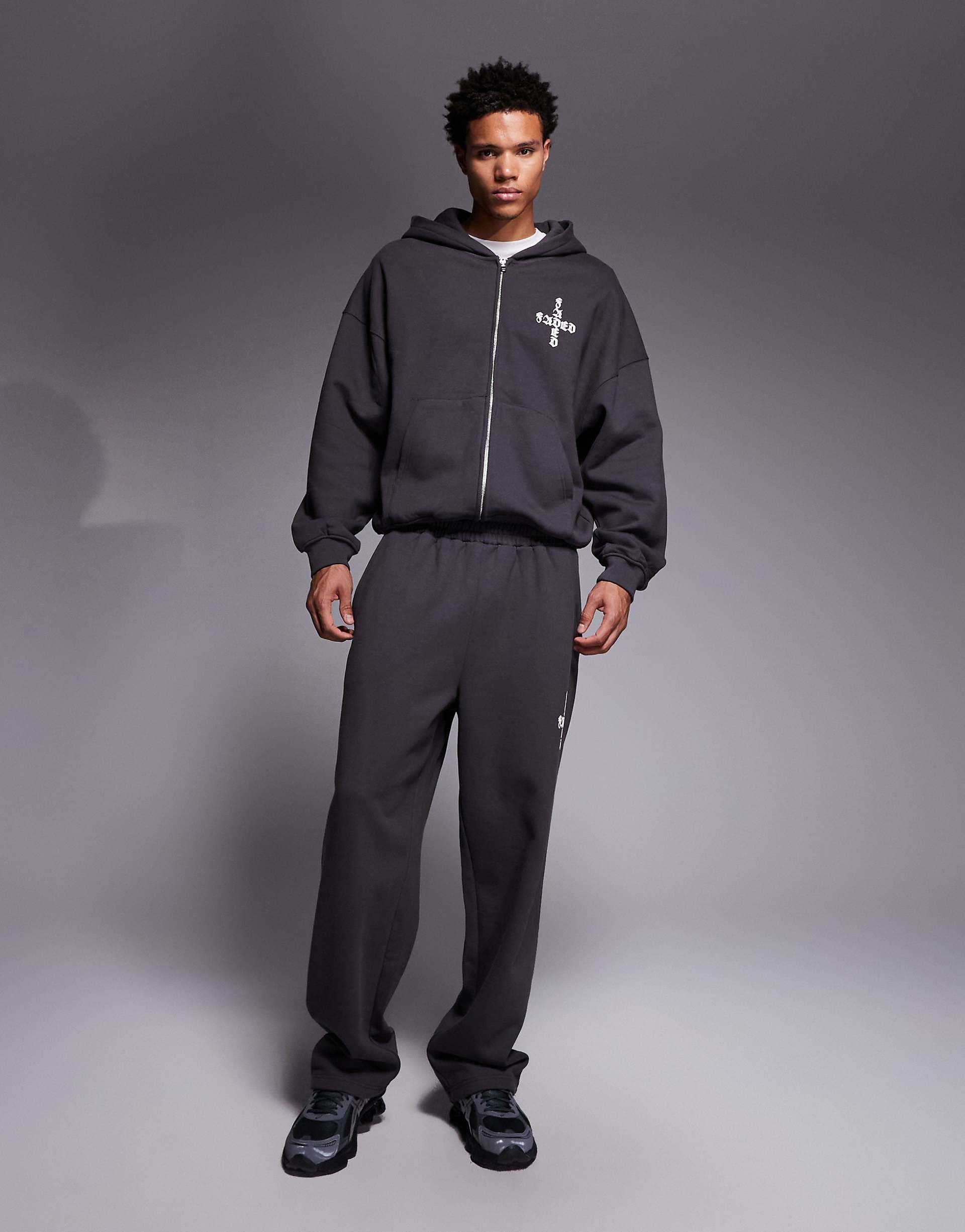 Faded Store gothic logo loose fit open hem sweatpants in charcoal - part of a set