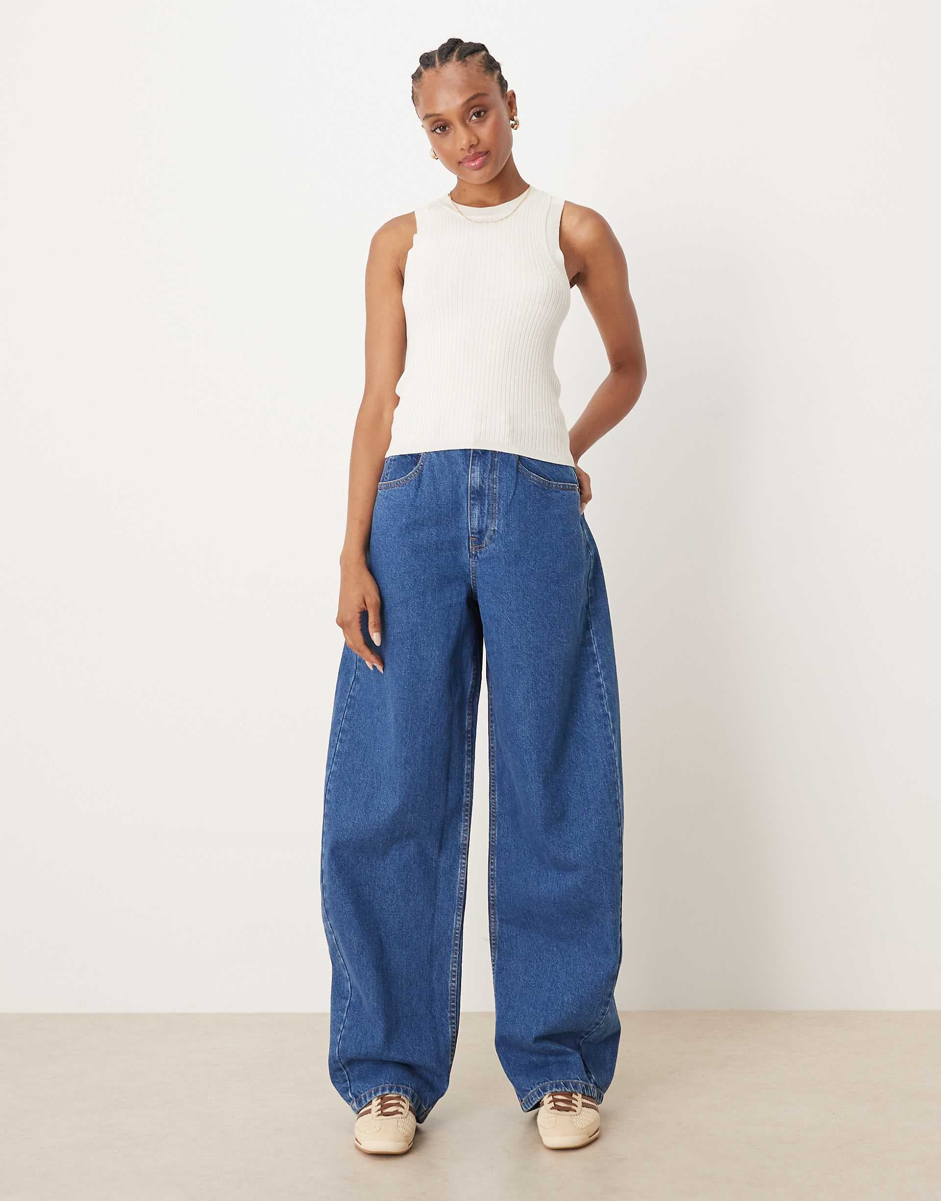 ASOS DESIGN Tall high waist barrel leg jeans in mid blue