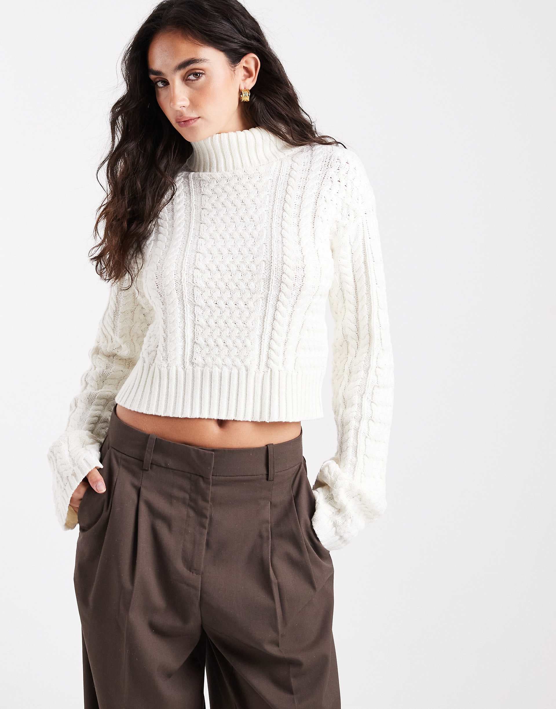 4th & Reckless cotton blend high neck cropped roll neck cable knit sweater in cream