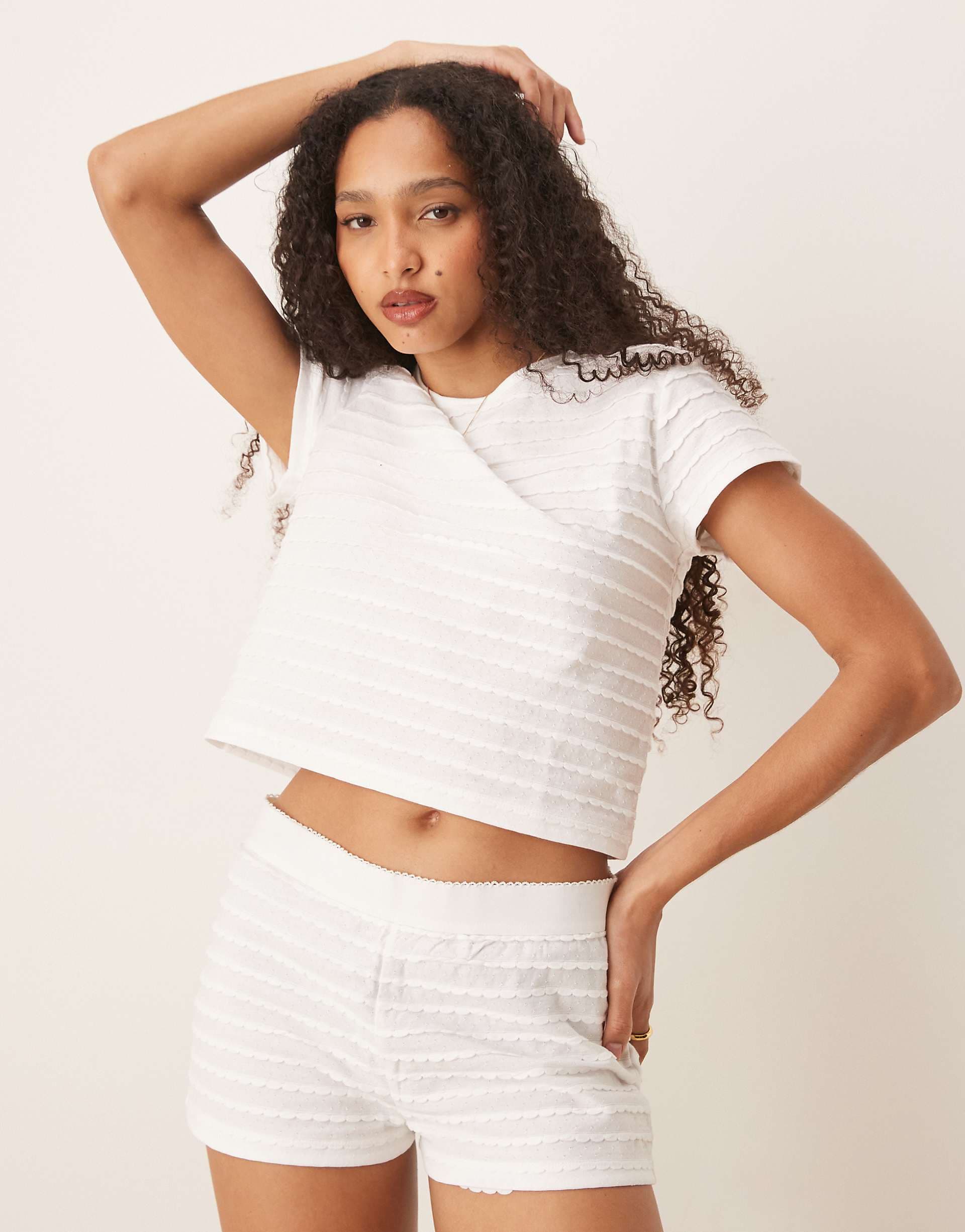 ASOS DESIGN scallop pointelle tee & shorts pajama set in white