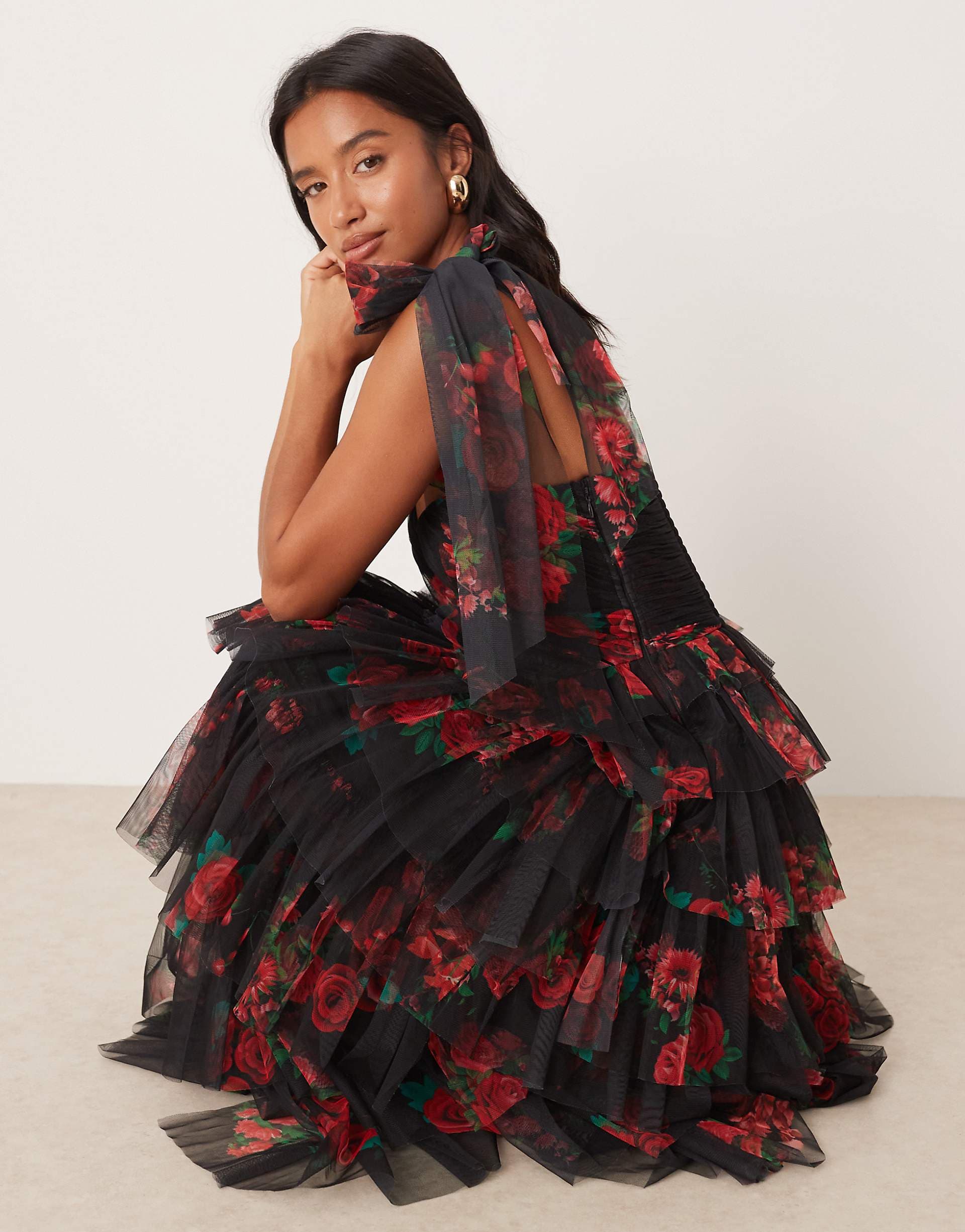 Lace & Beads Petite tulle bow shoulder maxi dress in black rose