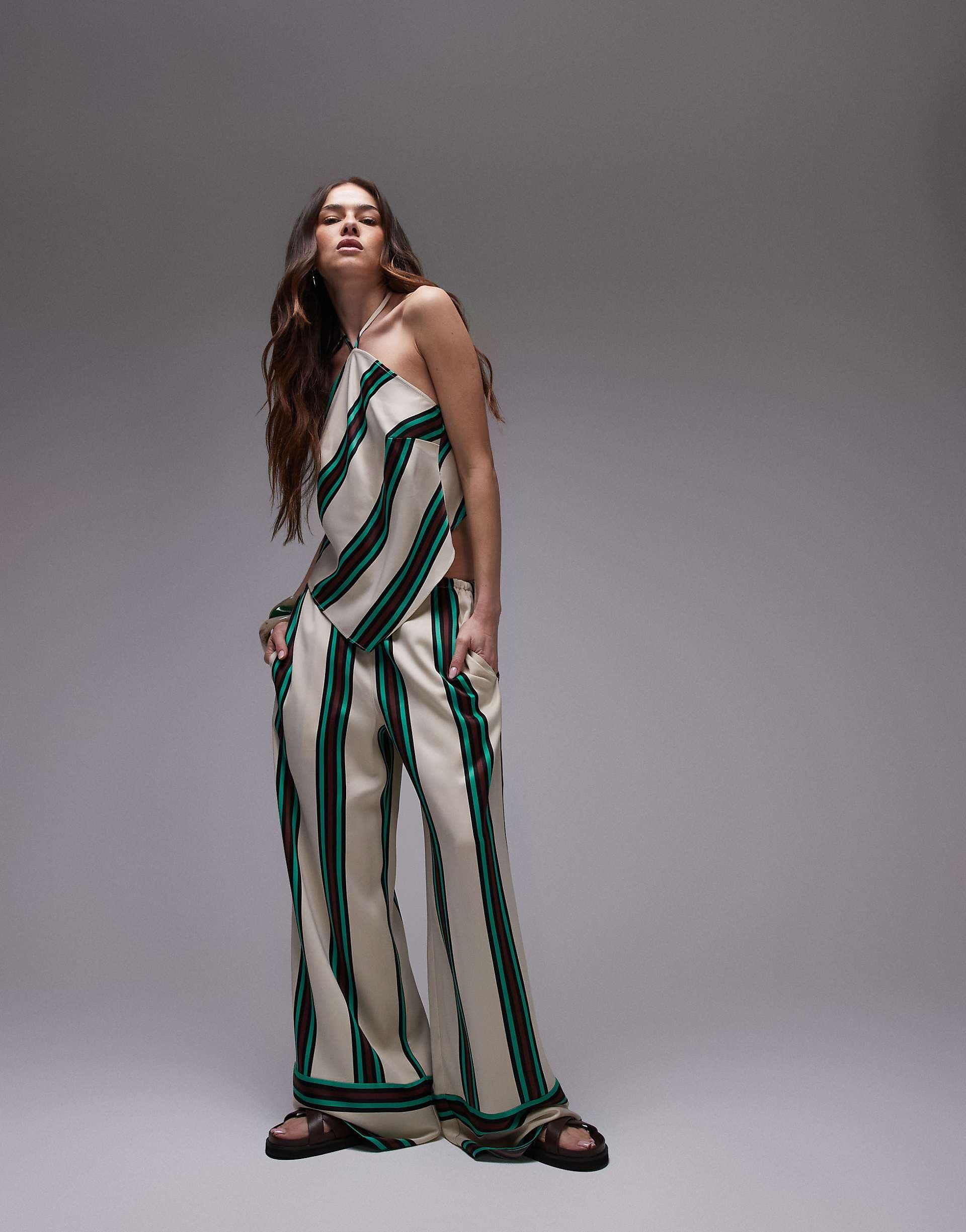 Topshop mid rise deep cuff satin pants in beige with burgundy and teal stripes - part of a set