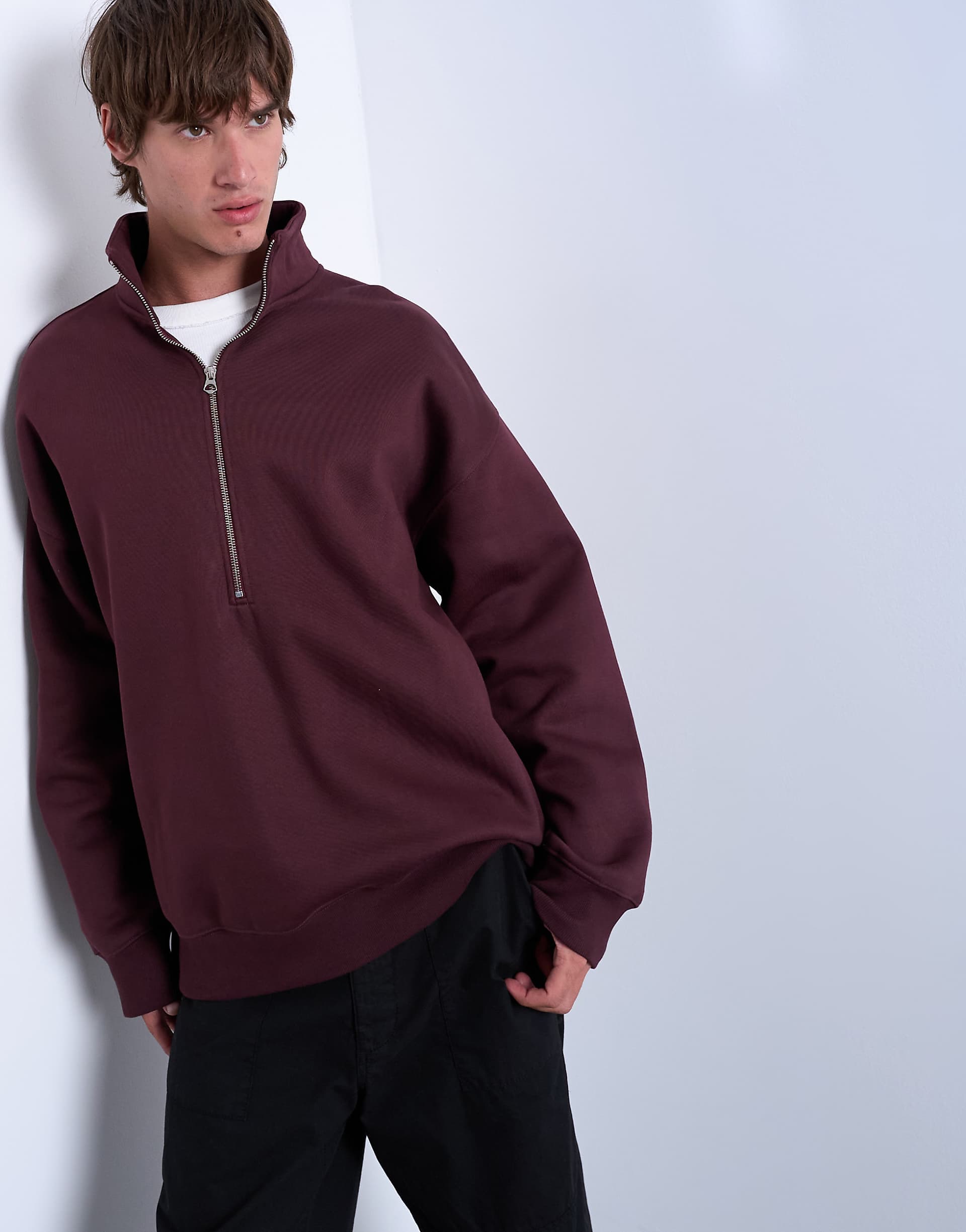 Topman premium oversized fit quarter zip funnel neck in burgundy