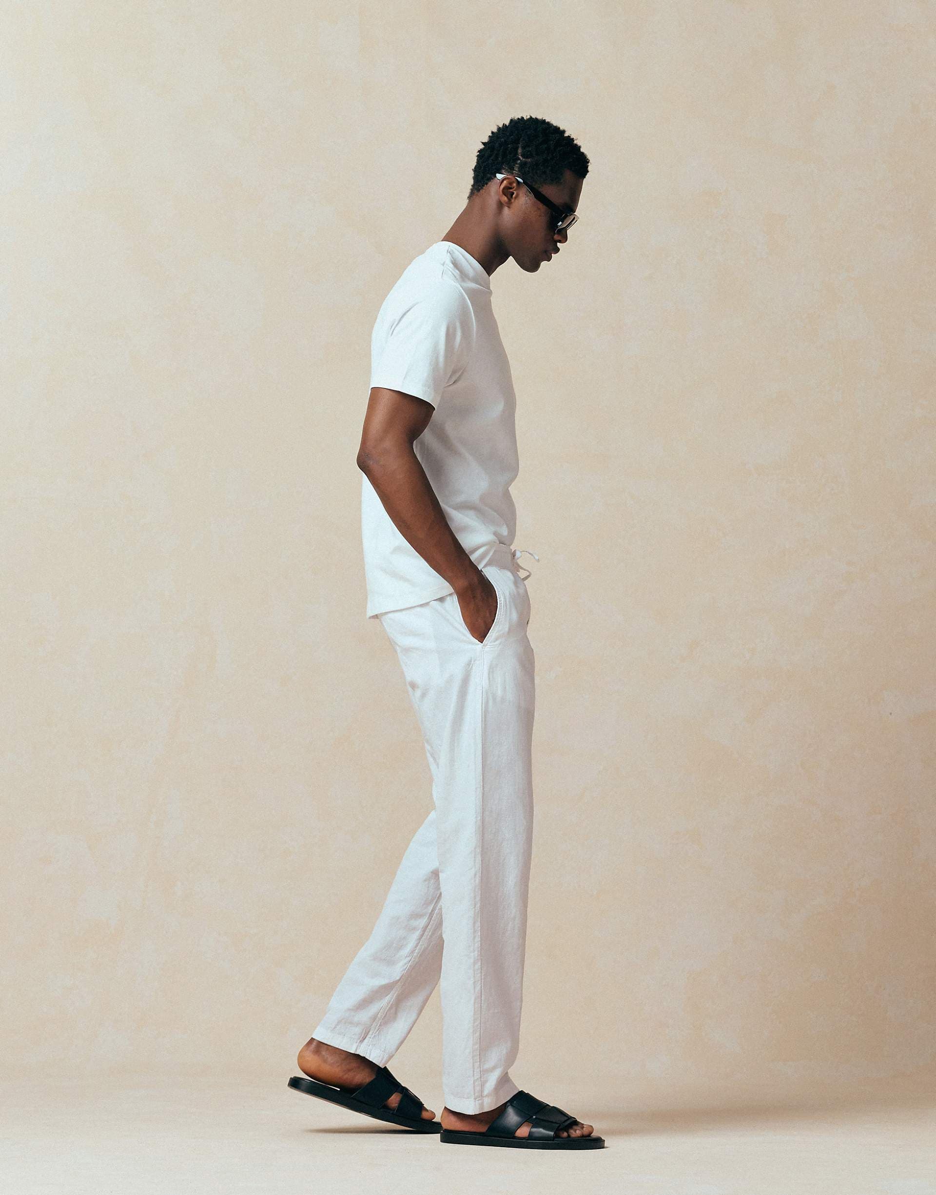 Jack & Jones drawstring linen mix pants in white