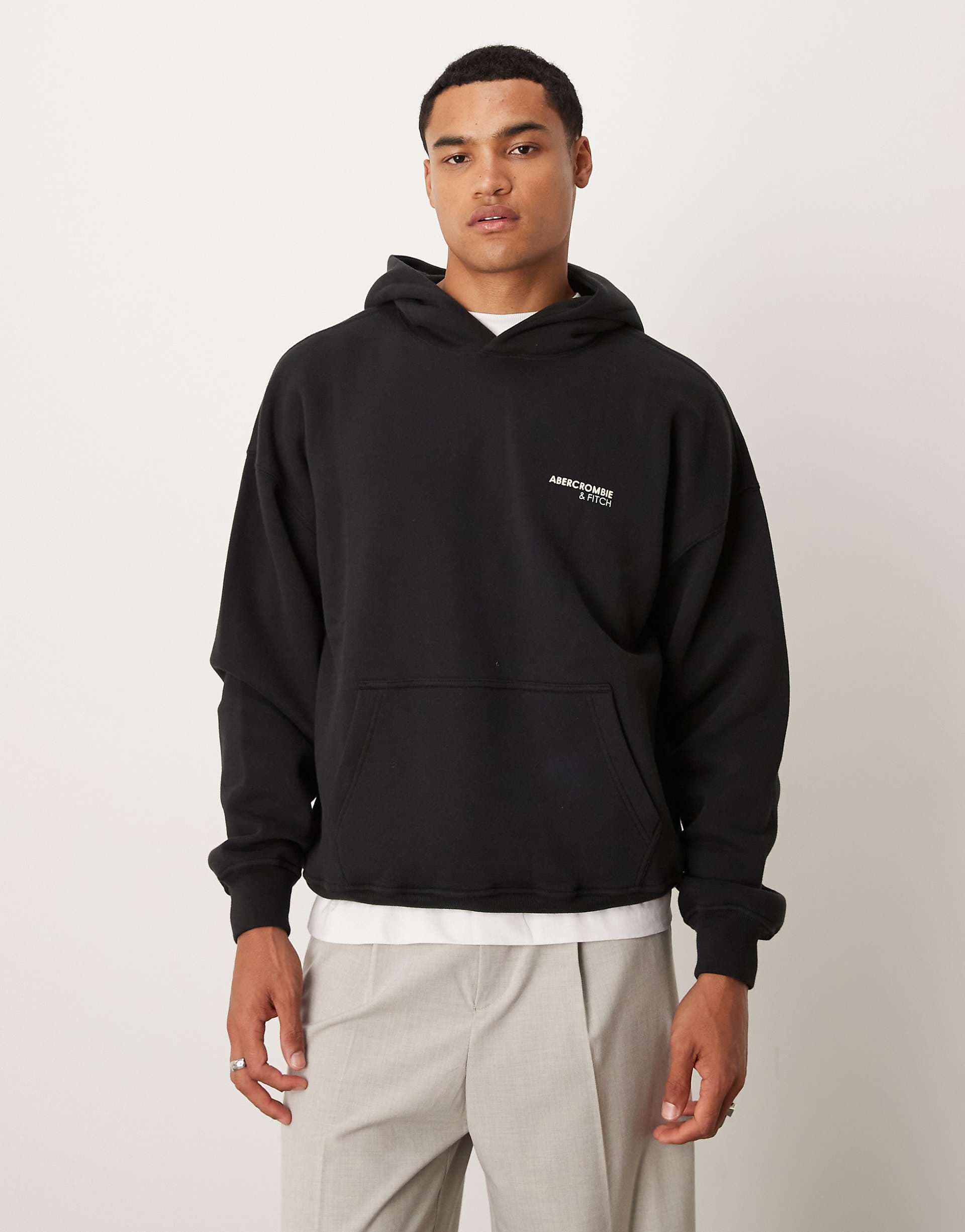 Abercrombie & Fitch chest logo front pocket hoodie in black