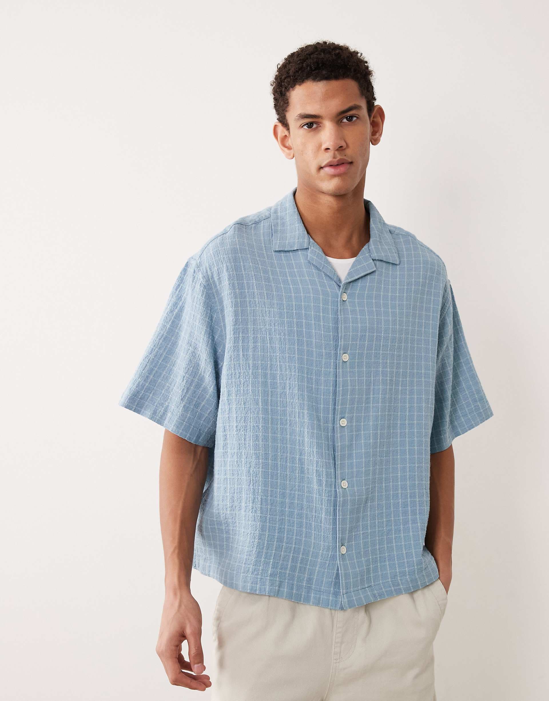 ASOS DESIGN boxy oversized revere textured check shirt in light blue