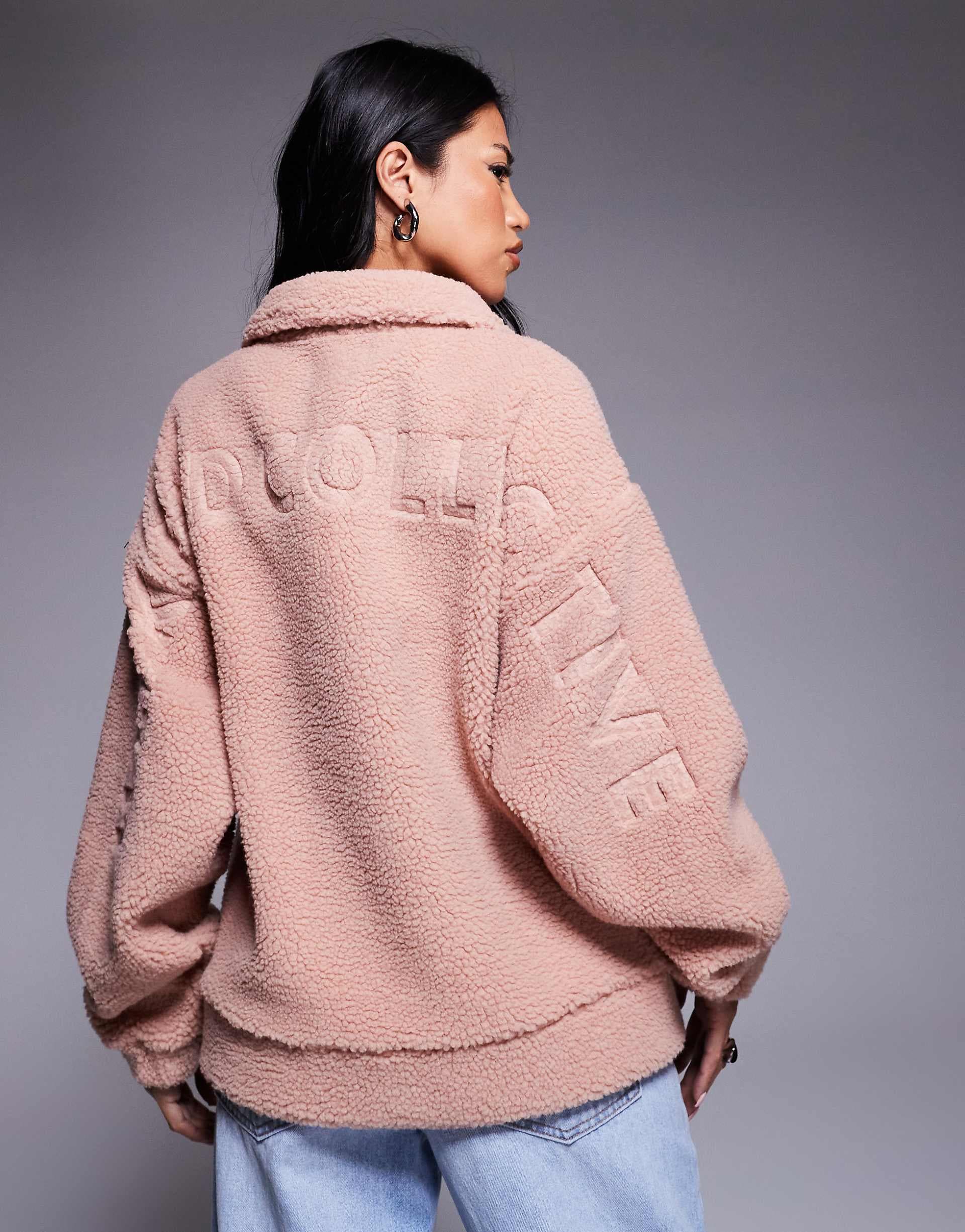 Weekend Collective teddy zip up fleece with burnout graphic in rose pink