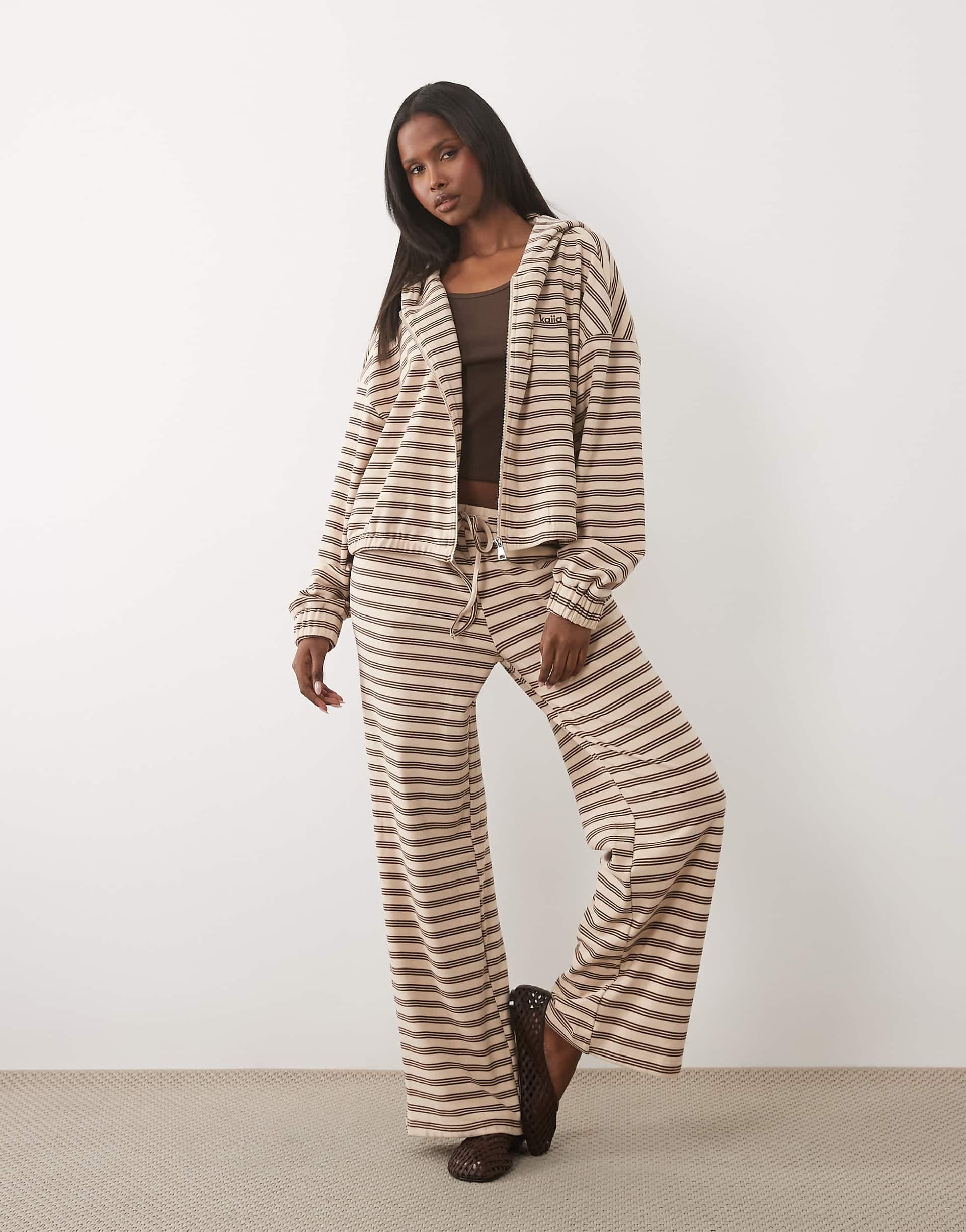 Kaiia jersey fleece wide leg drawstring pants in cream & brown stripes - part of a set