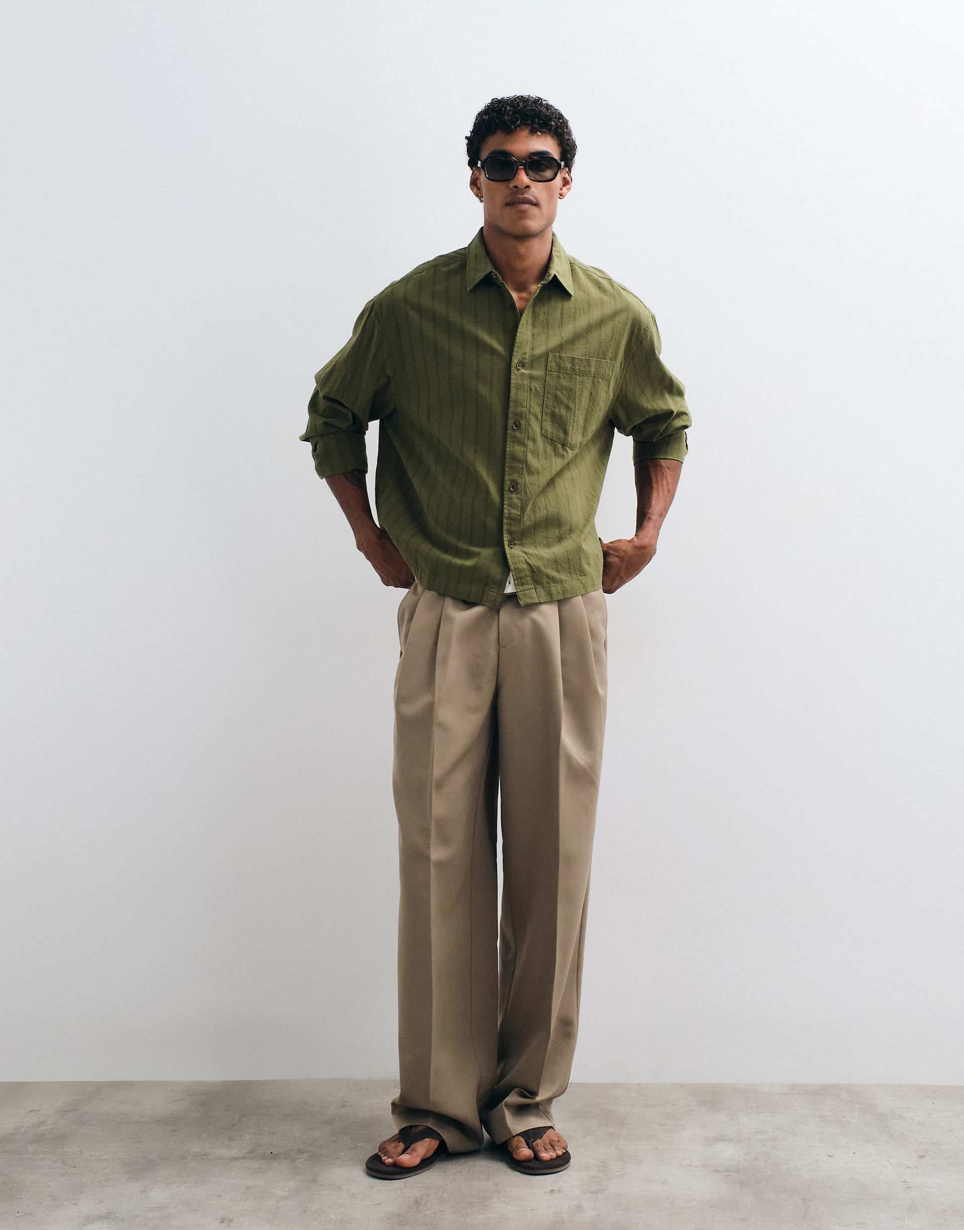 ASOS DESIGN boxy oversized linen look striped shirt with chest pocket in khaki