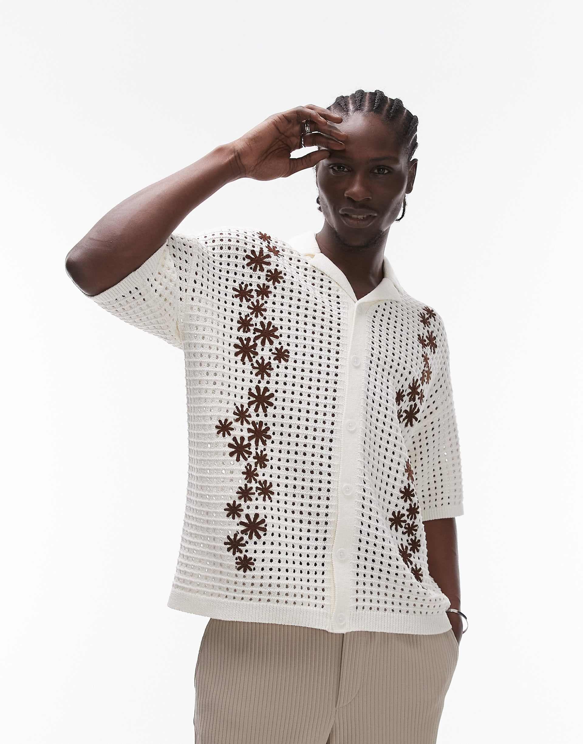Topman camp collar embroidered floral crochet shirt in ecru