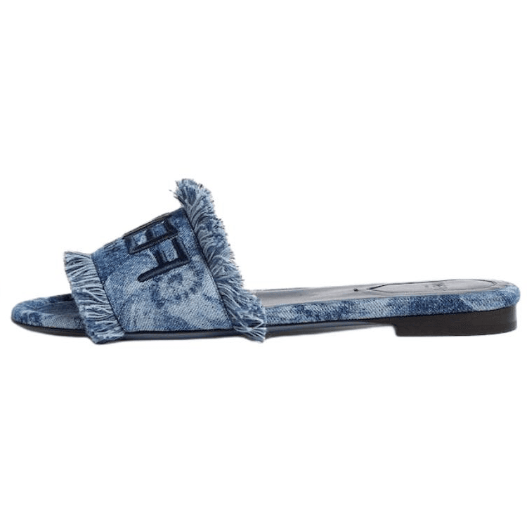 FENDI Sunshine Round Toe Slip-On Denim Roma Embroidery Flip-Flops Women's Blue