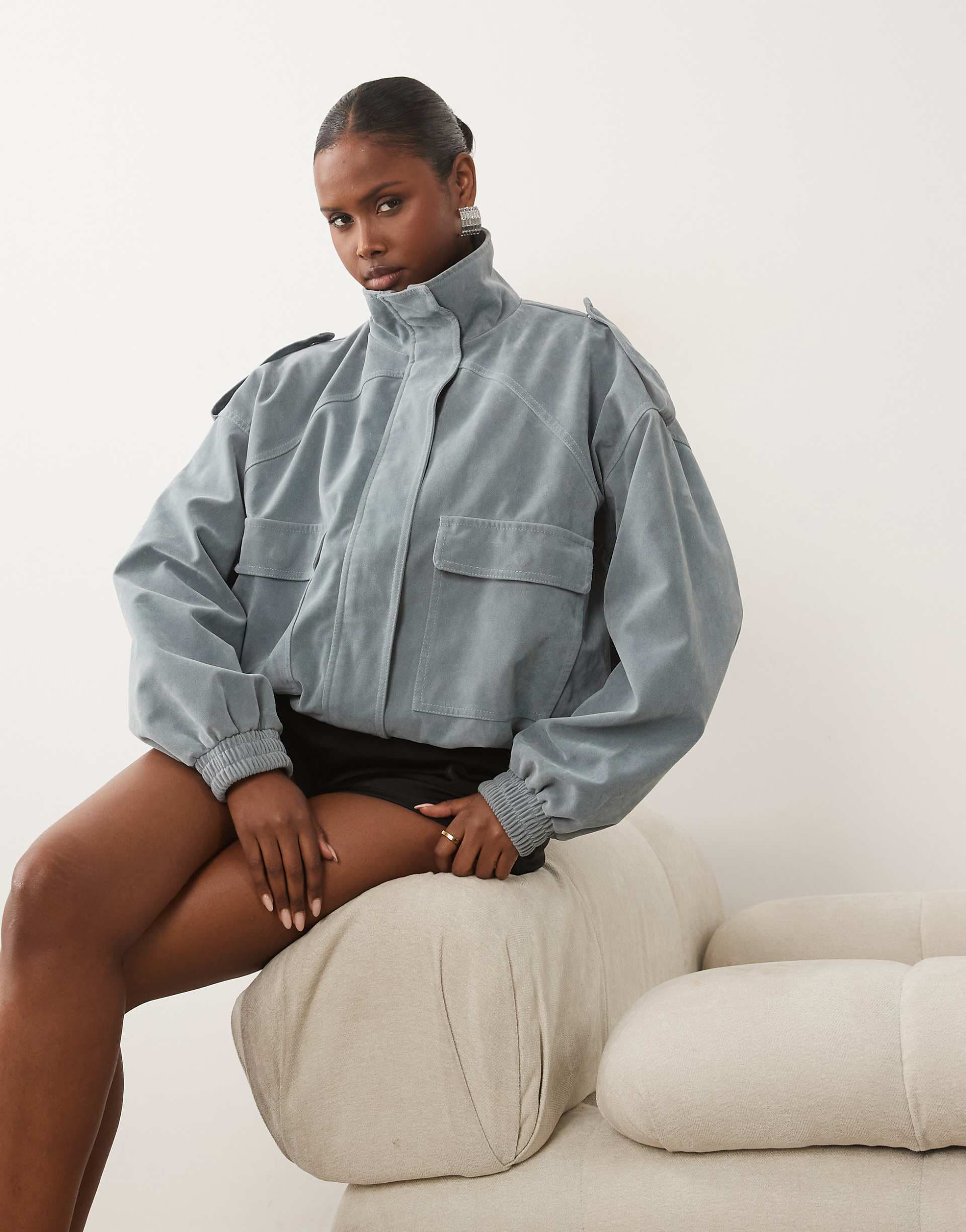 Kaiia exclusive faux suede cargo pocket front balloon sleeve funnel neck bomber jacket in light blue