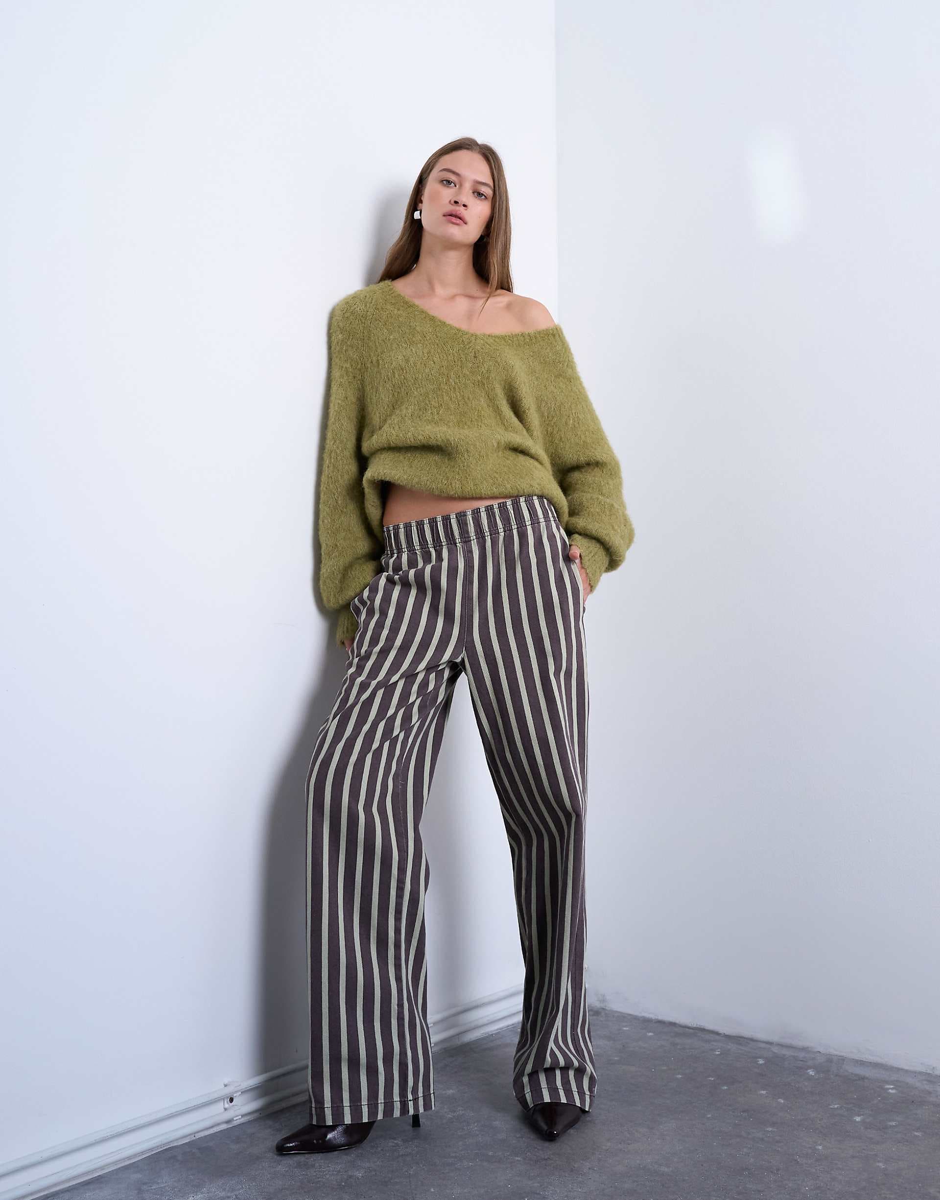 Topshop wide stripe pull on straight leg pants in green and brown
