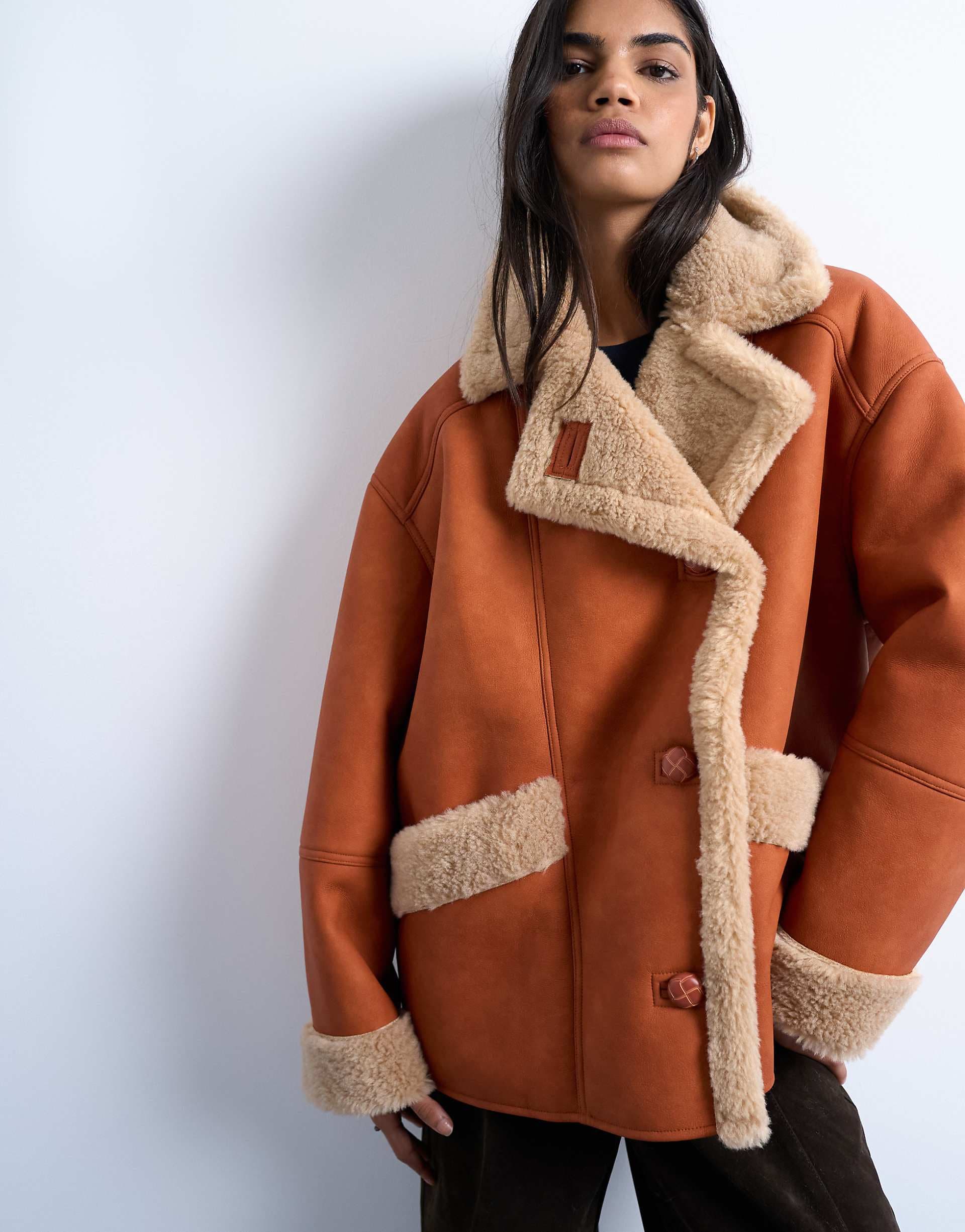 Topshop faux shearling super oversized car coat in tan and cream