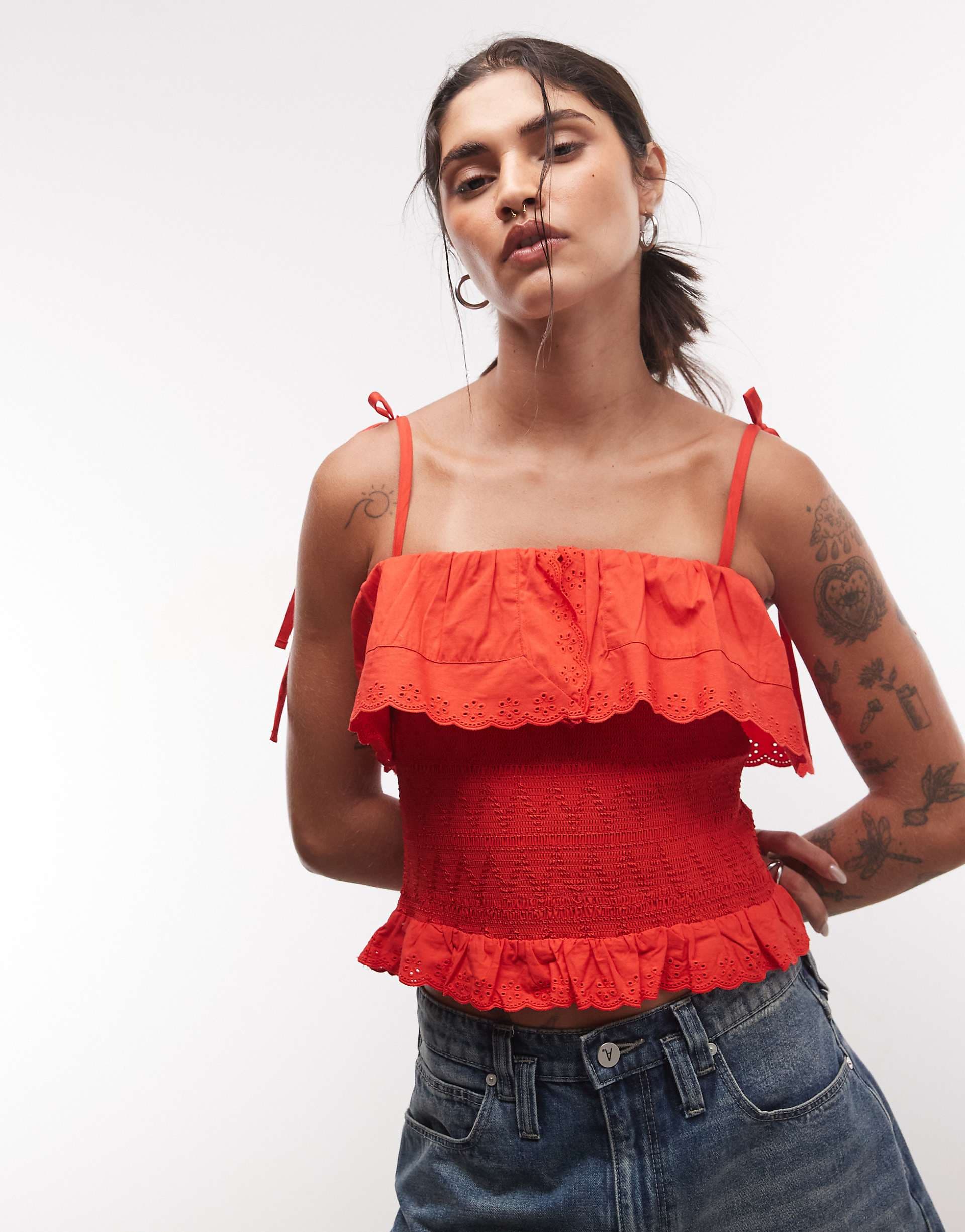 Reclaimed Vintage bandeau top with shirring and embroidery detail in red broderie