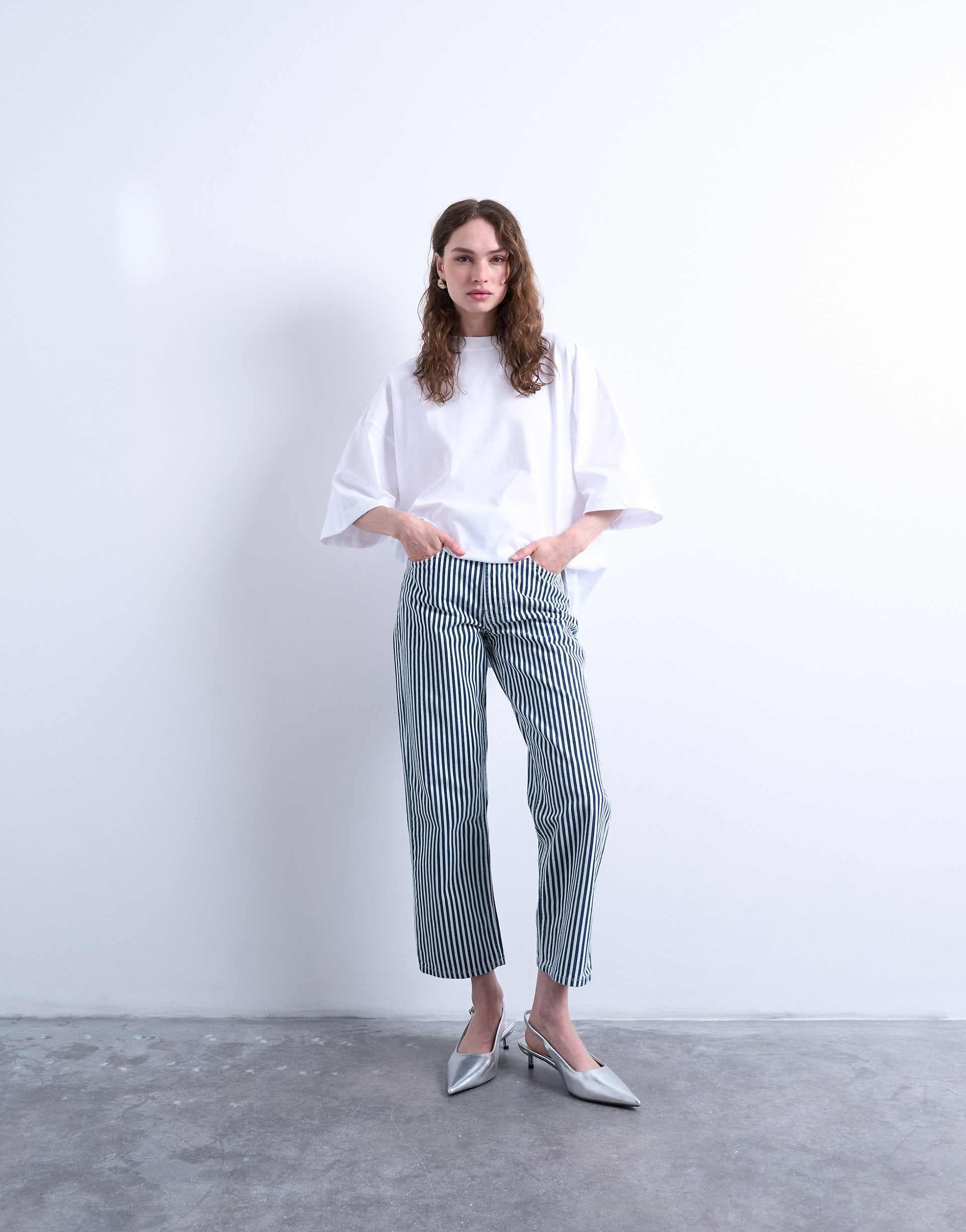 Topshop striped cropped mid rise straight leg pants in blue