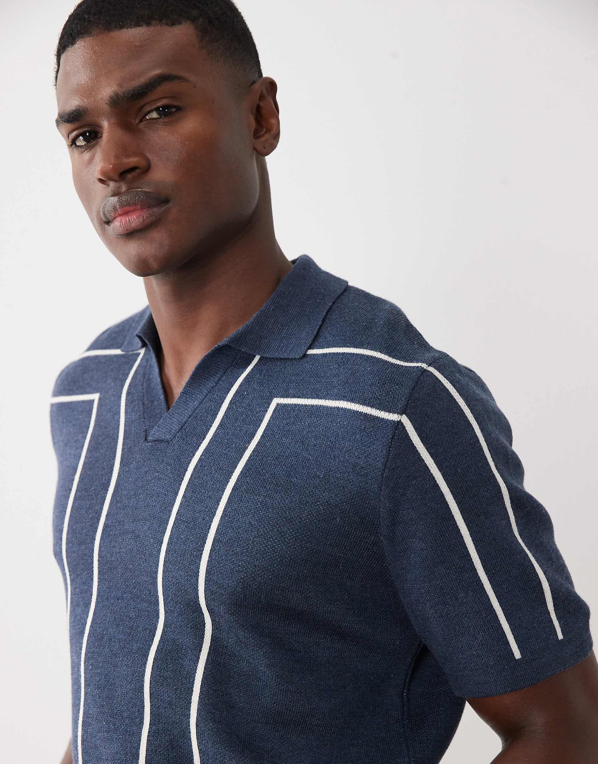 ASOS DESIGN relaxed knit linear graphic notch neck polo shirt in navy