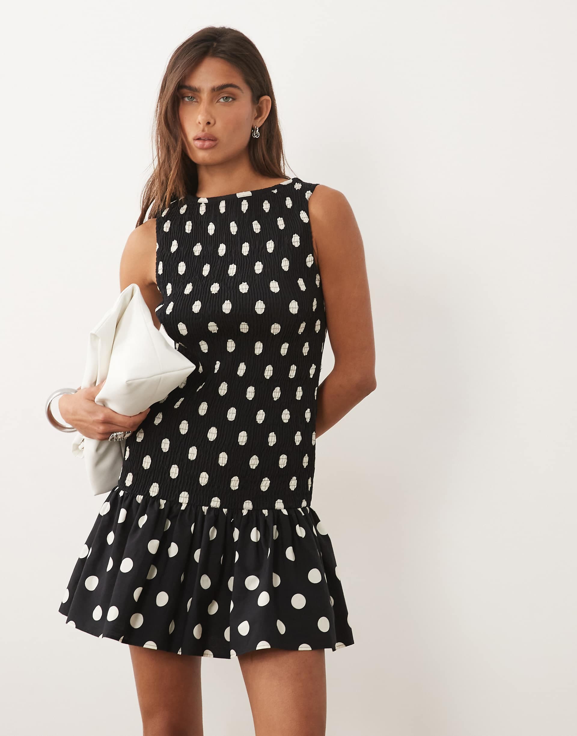 ASOS DESIGN shirred drop waist mini dress in black polka dot