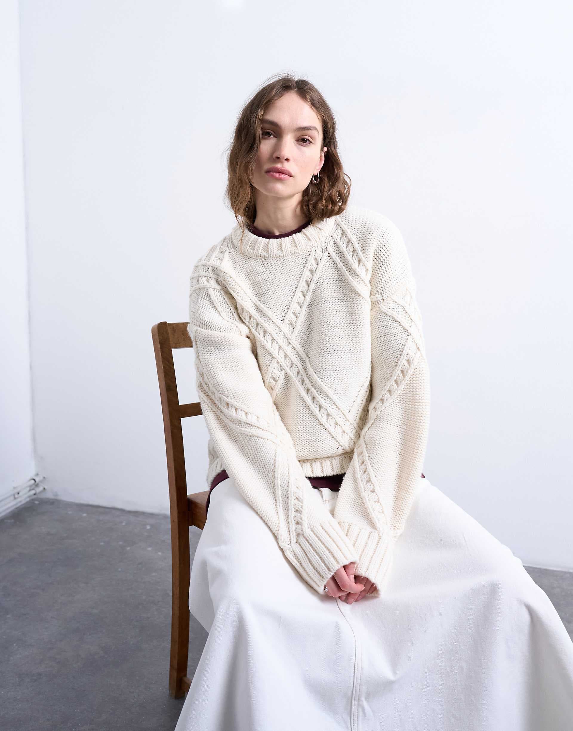 Topshop knit argyle sweater in cream