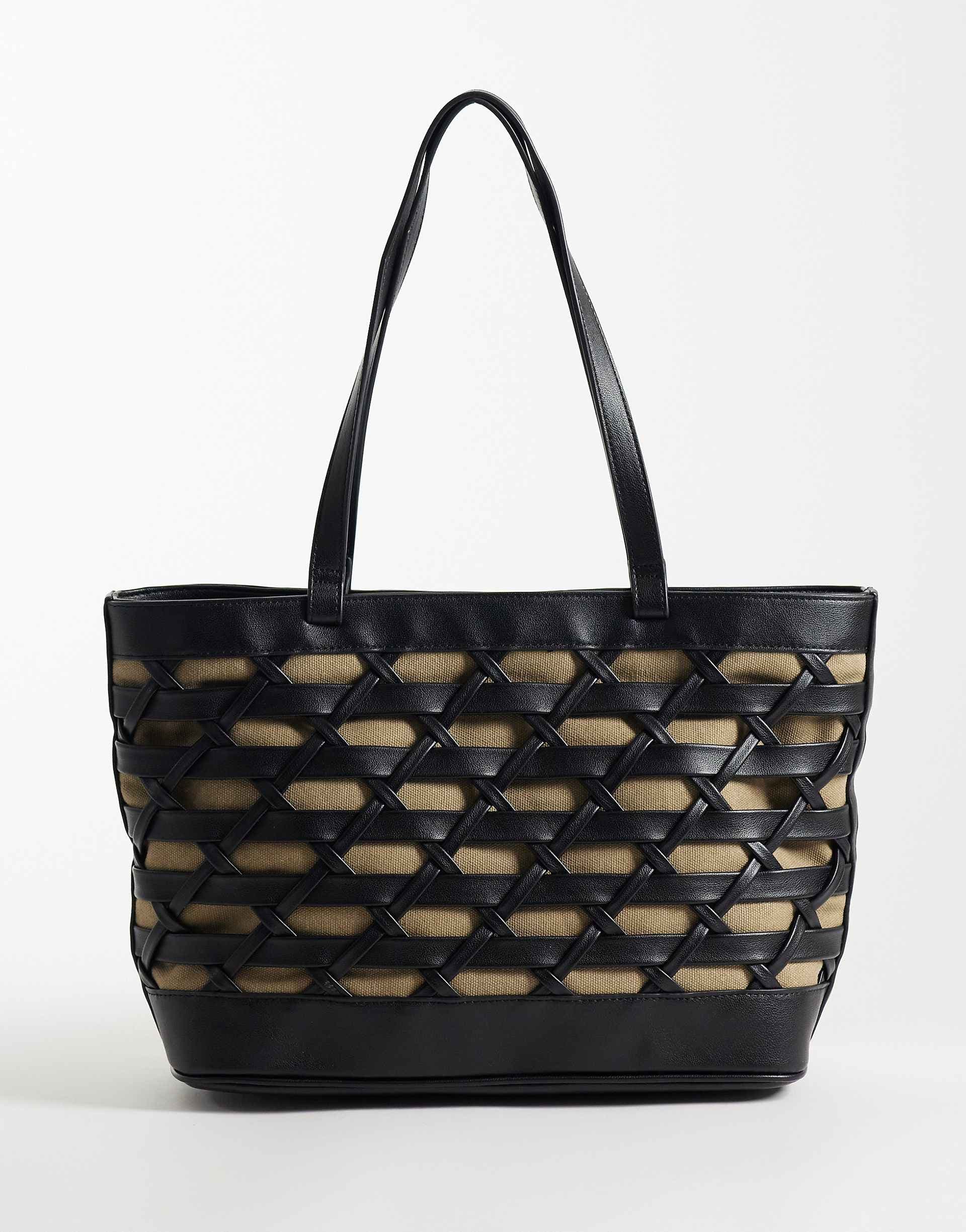 ASOS DESIGN contrast weave tote bag in black with natural lining