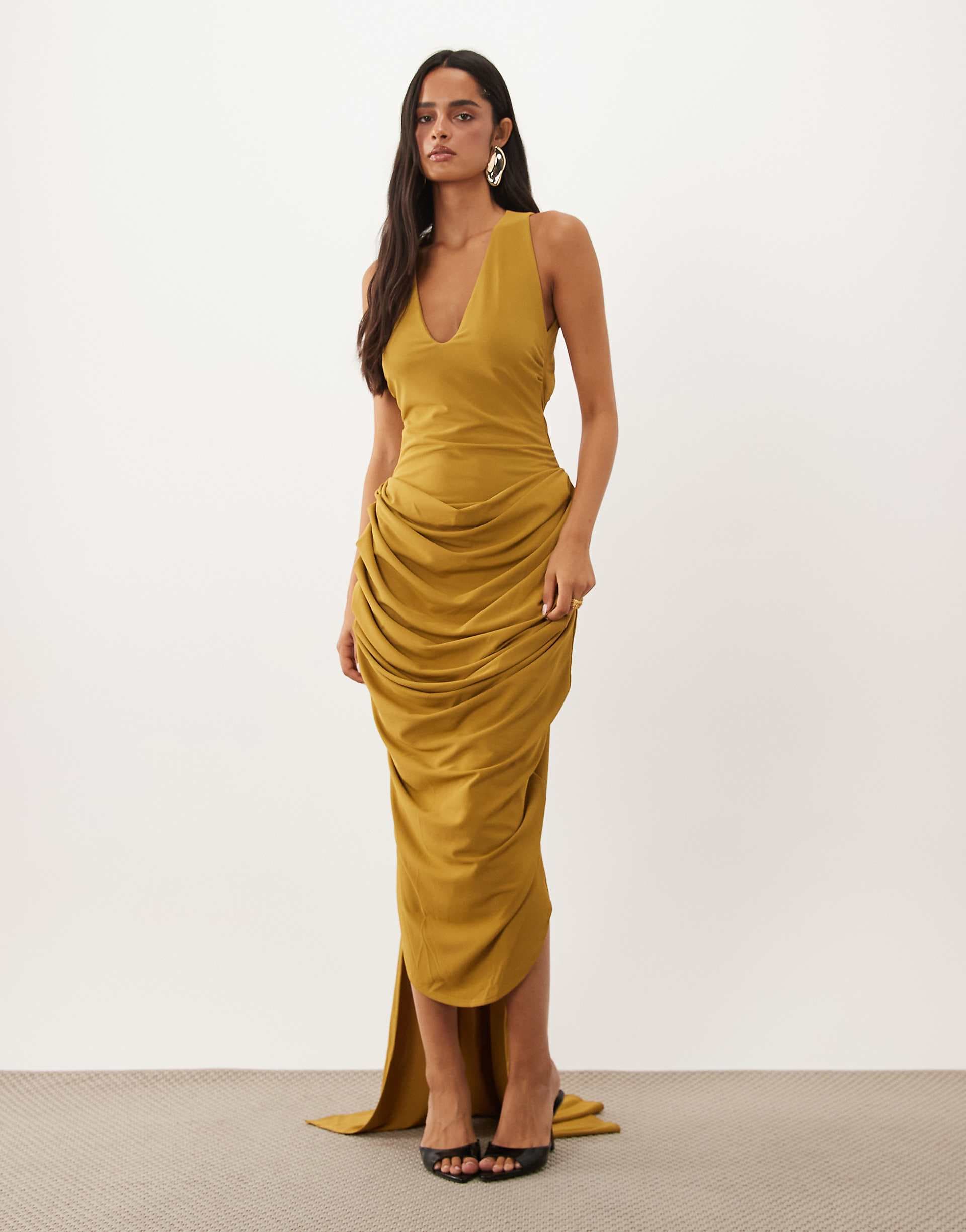 ASOS DESIGN plunge neck midi dress with open back & train detail in tobacco