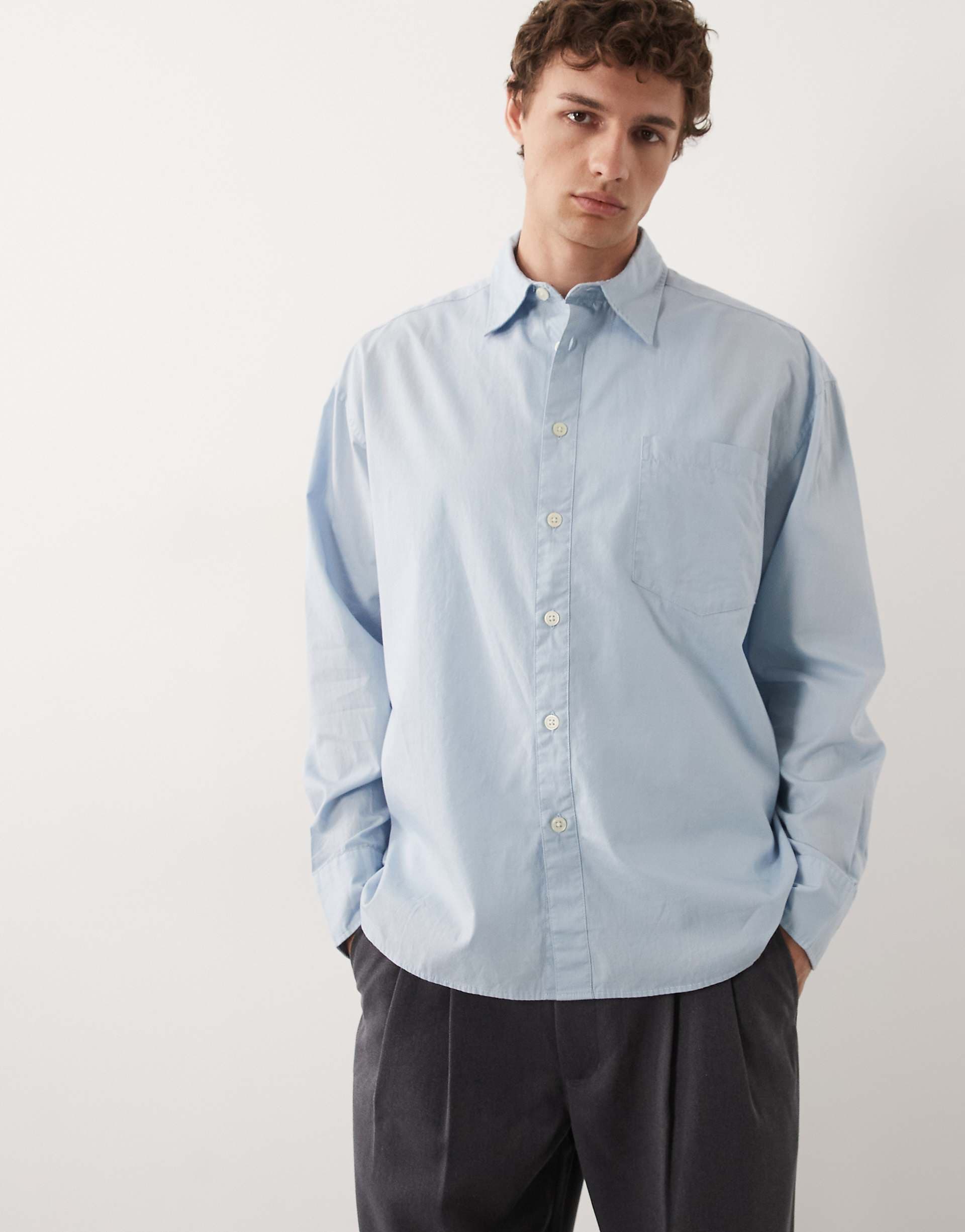 ONLY & SONS poplin cotton long sleeve shirt in light blue