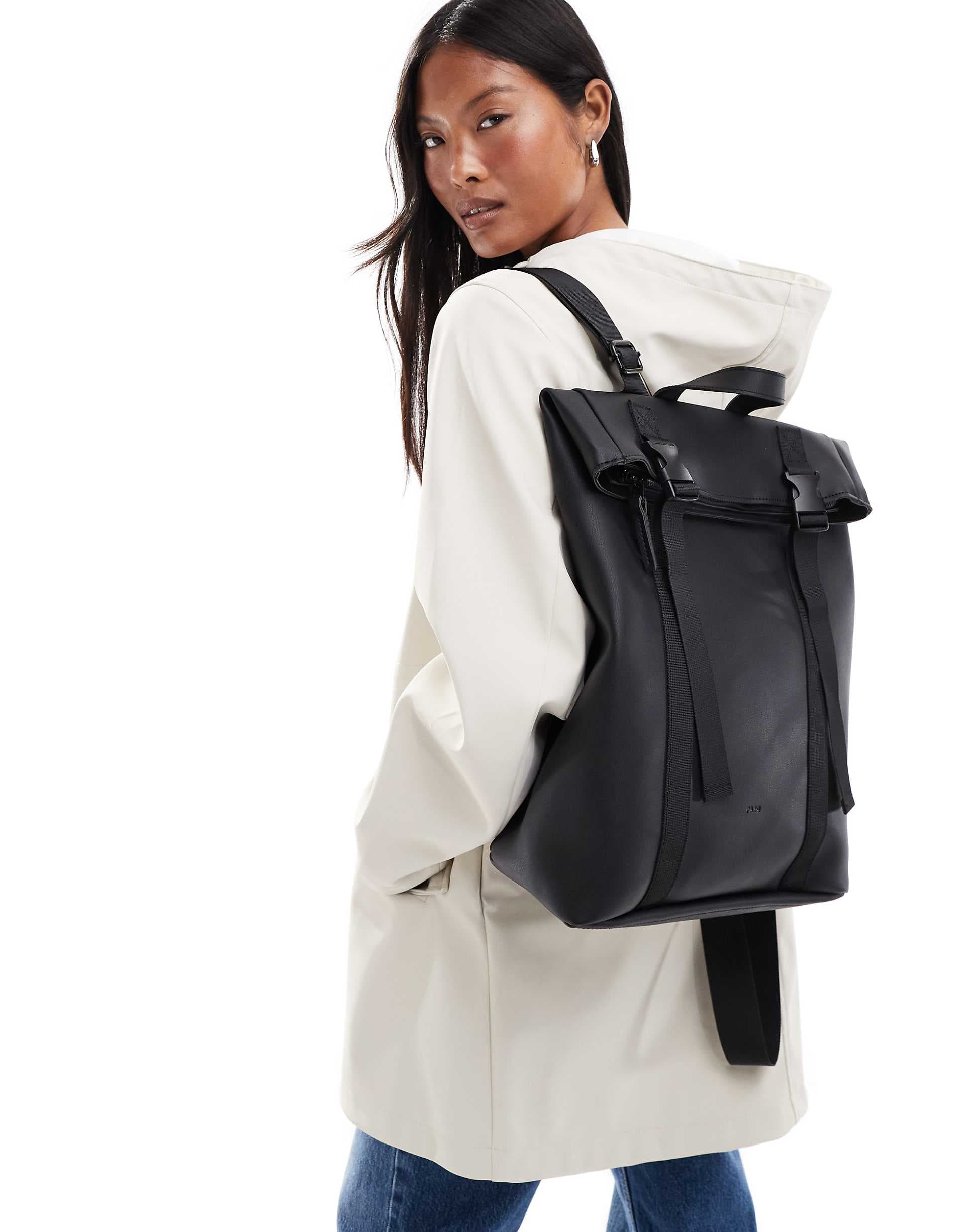 PASQ double clip roll top backpack in black