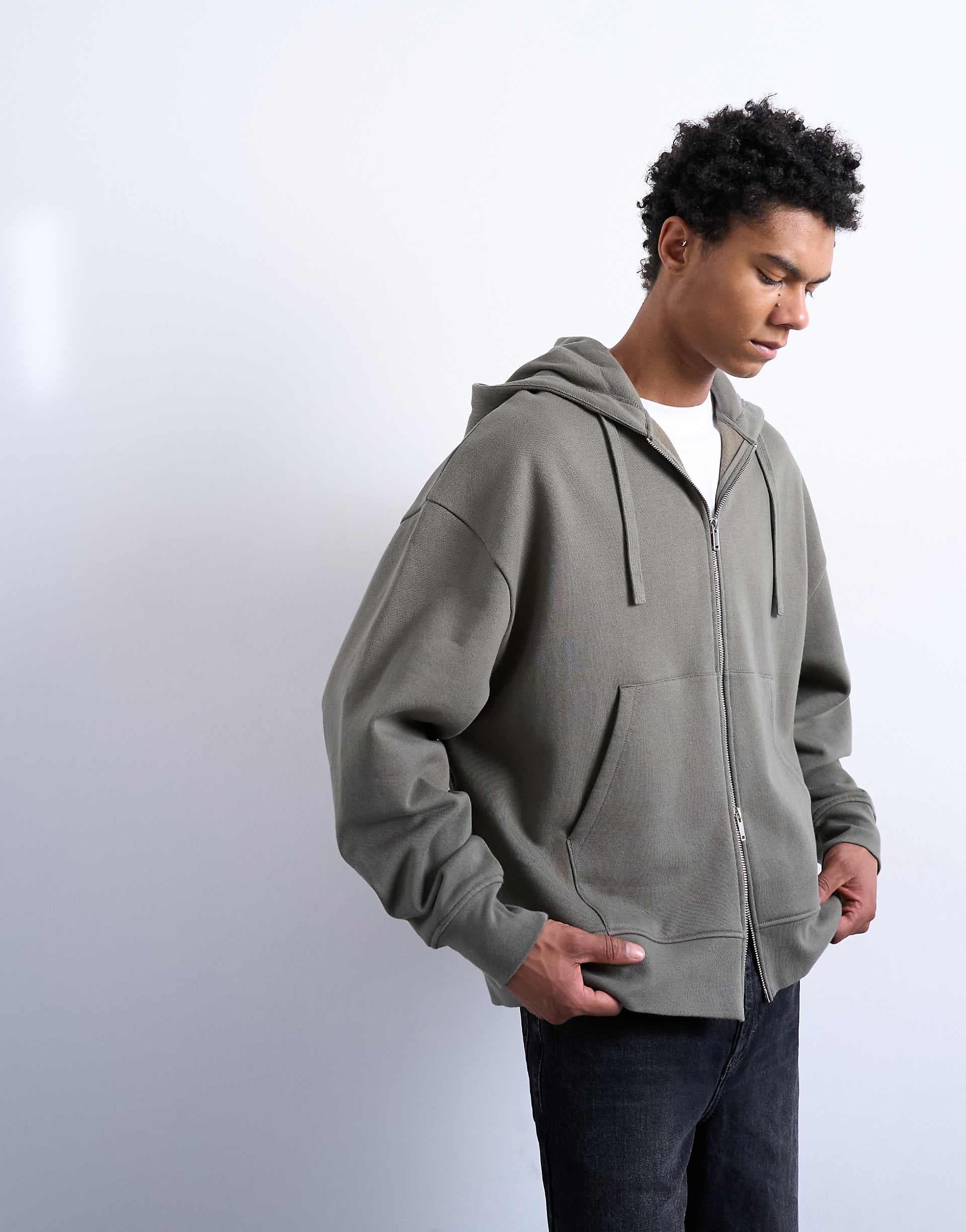 Topman heavyweight oversized zip up hoodie in olive