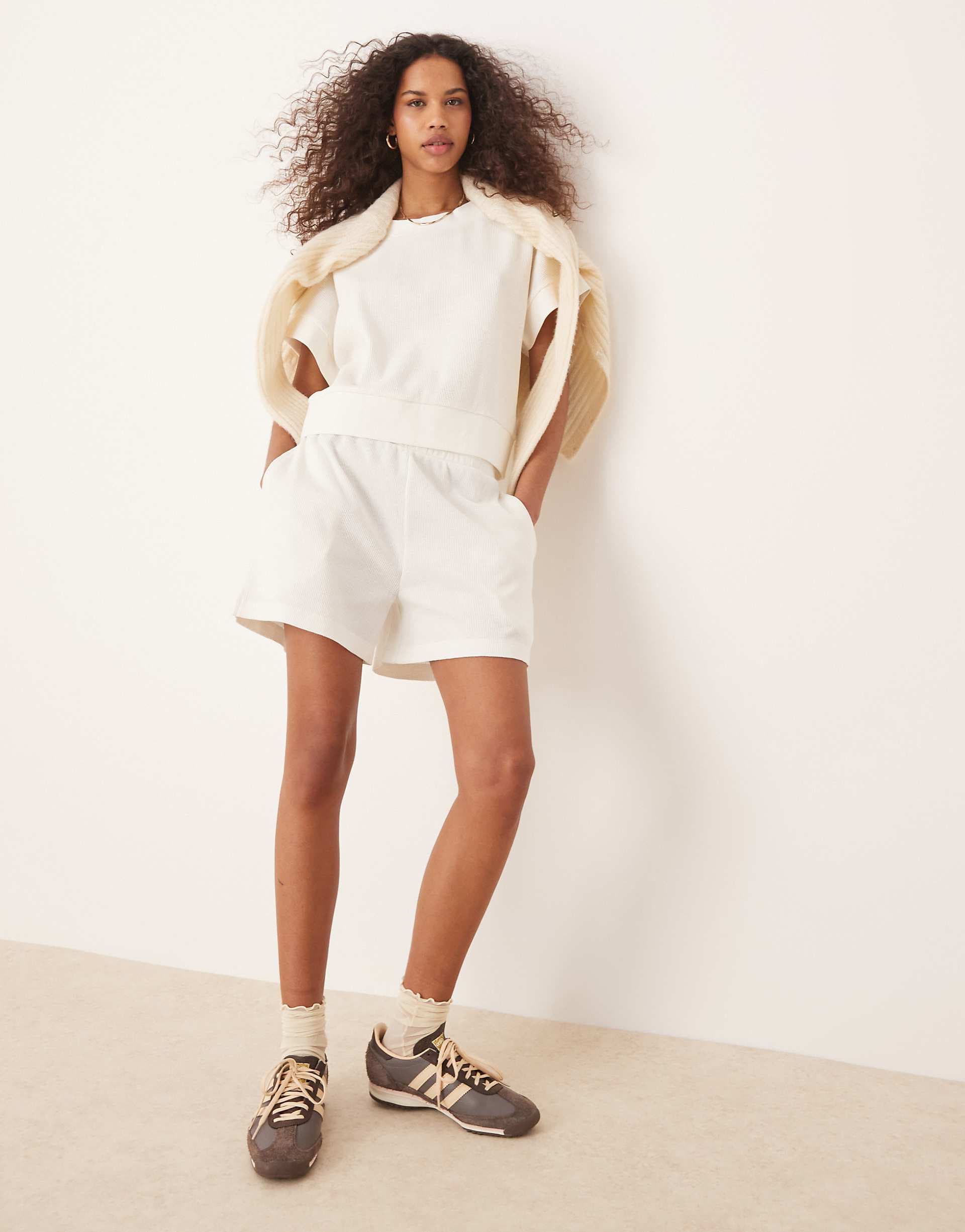 ASOS DESIGN longline waffle short in cream