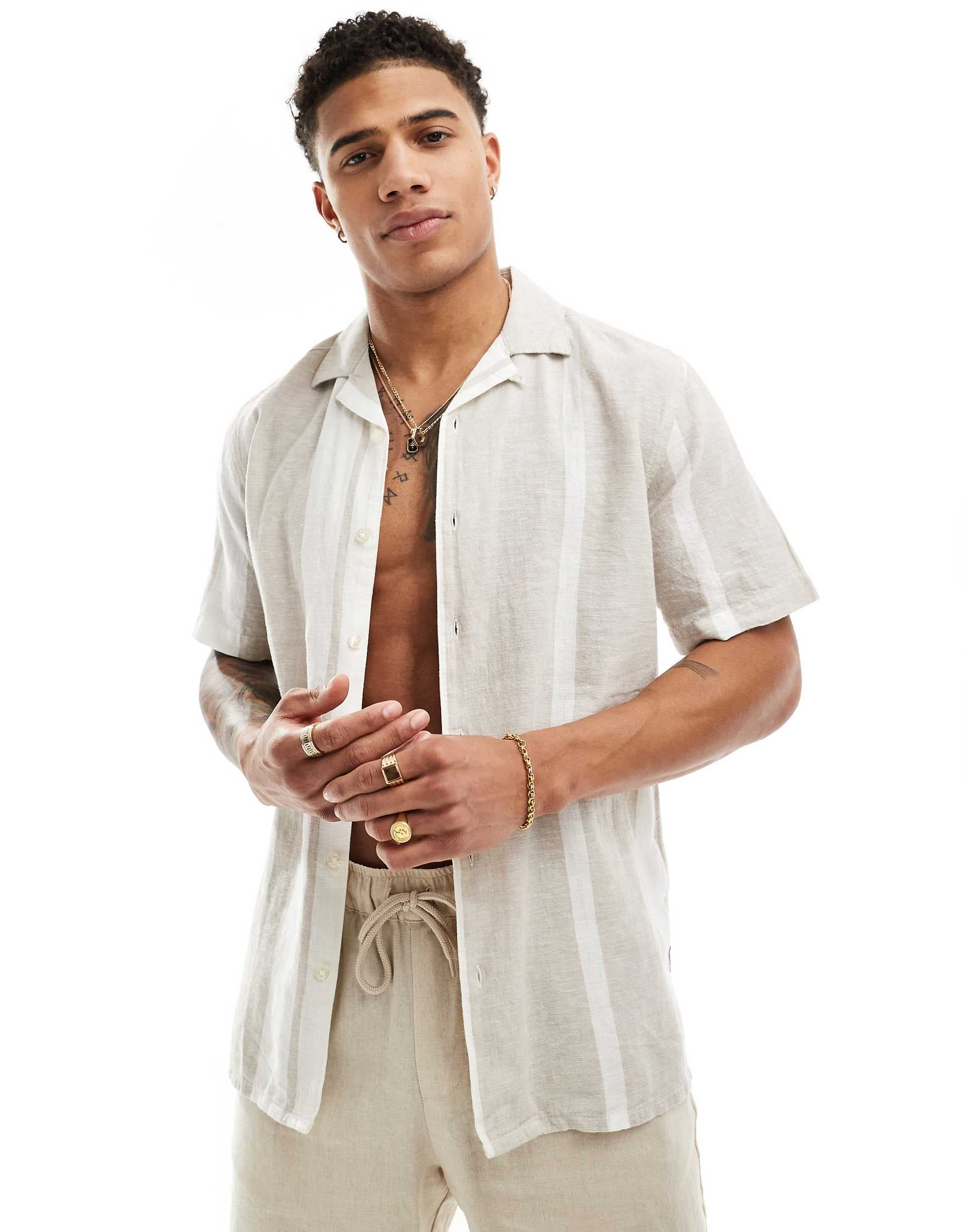 Only & Sons camp collar linen mix shirt in beige stripe