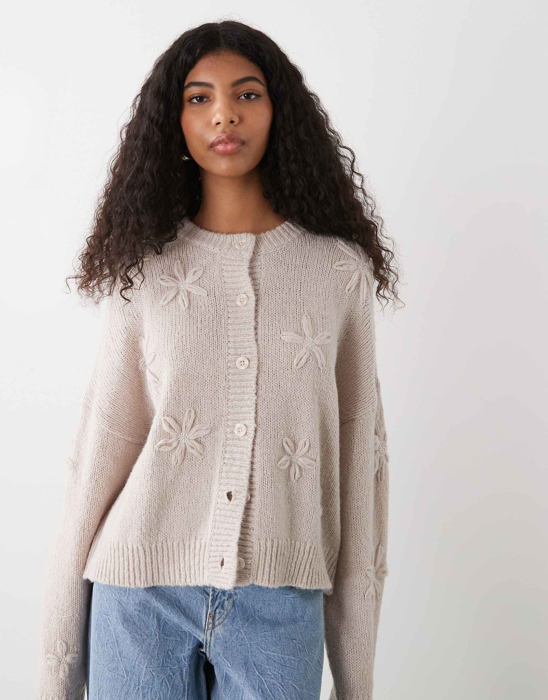 Reclaimed Vintage crochet boxy cardigan with 3D flowers in cream