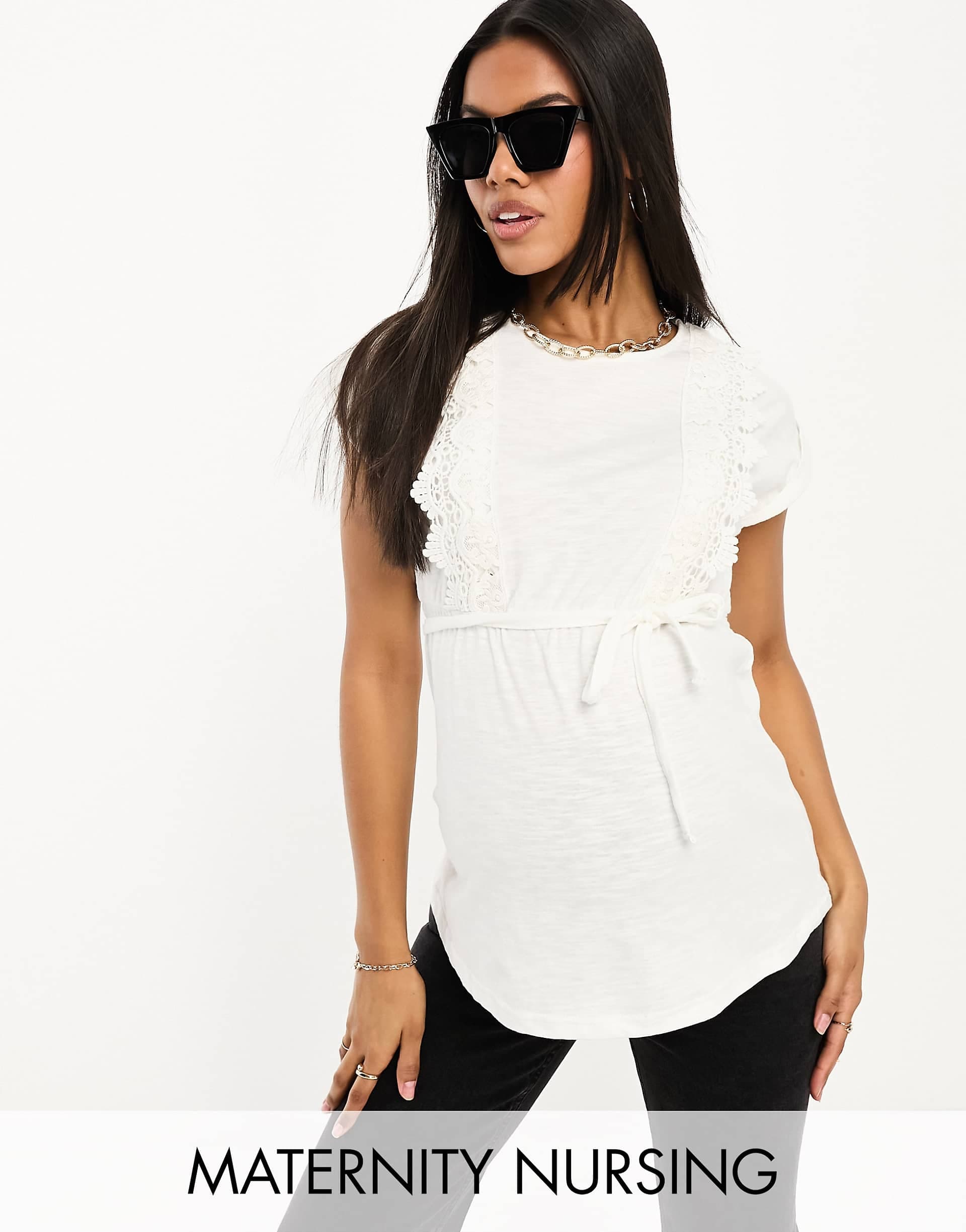 Mamalicious Maternity lace trim nursing t-shirt in white